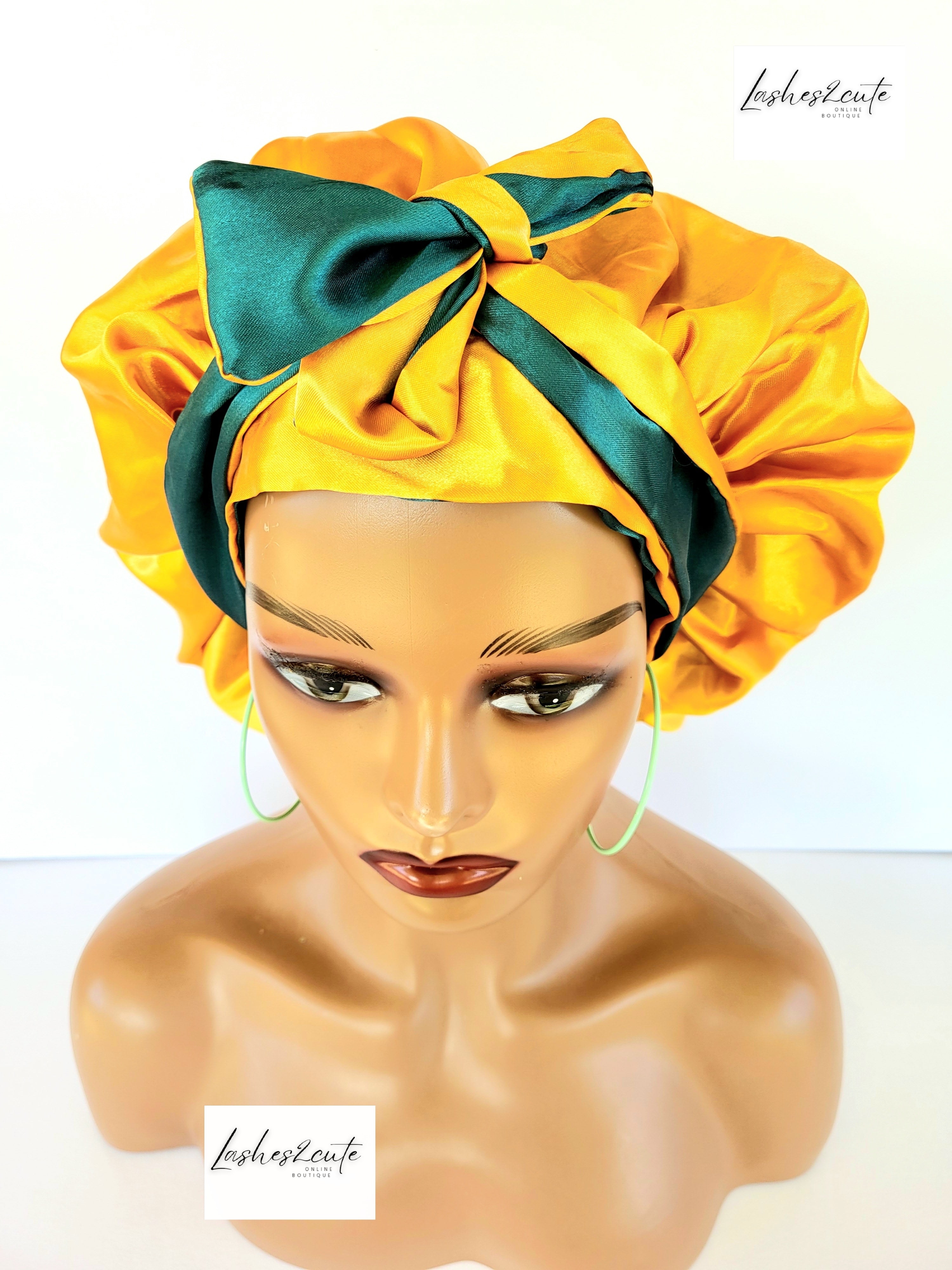 Reversible Womens Sleeping Satin Bonnet Green and Gold Color