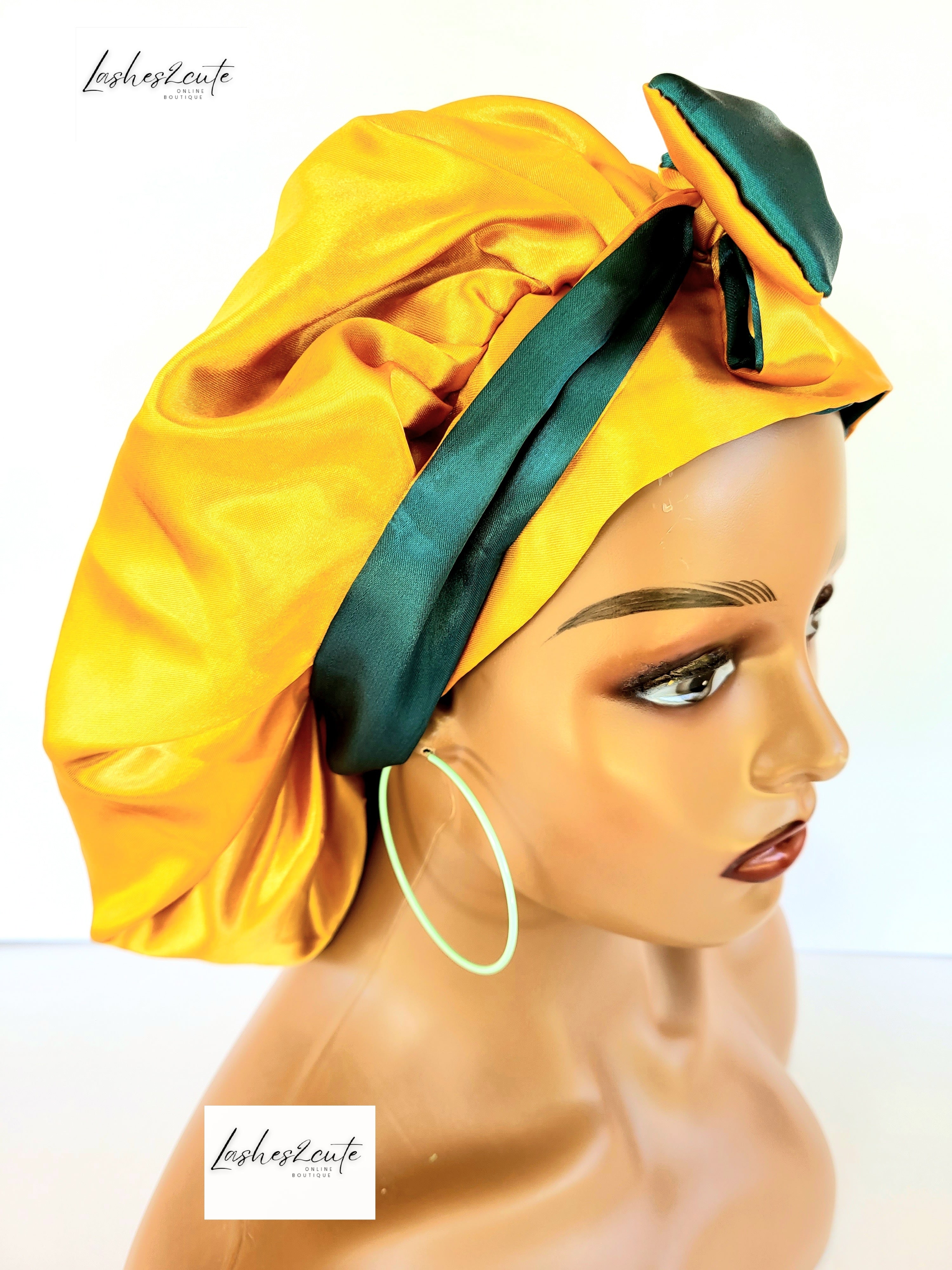 Reversible Womens Sleeping Satin Bonnet Green and Gold Color