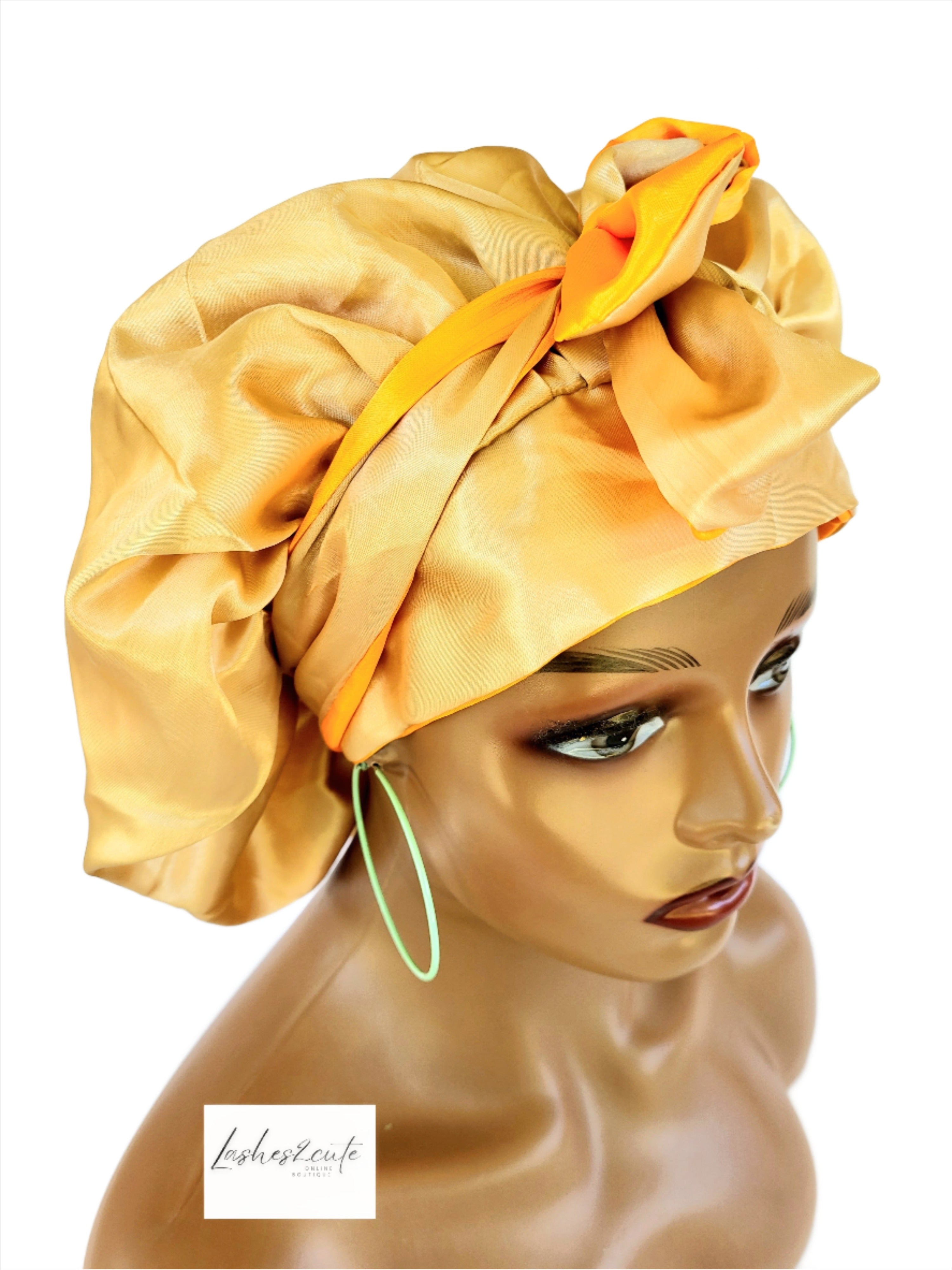 Reversible Womens Sleeping Satin Bonnet Orange and Khaki Color