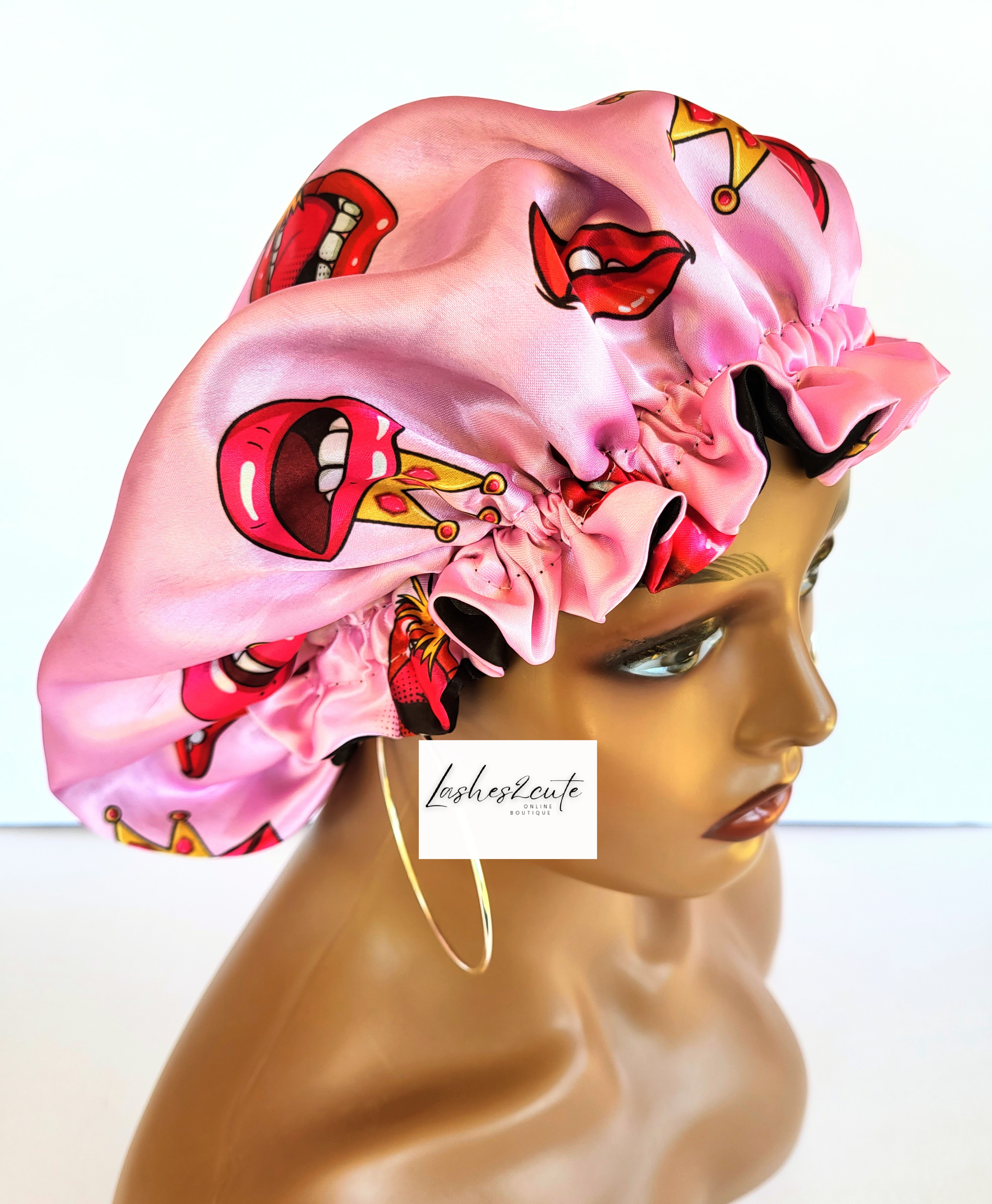 Reversible Sleeping Satin Wavy Bonnet Pink with Red Lips