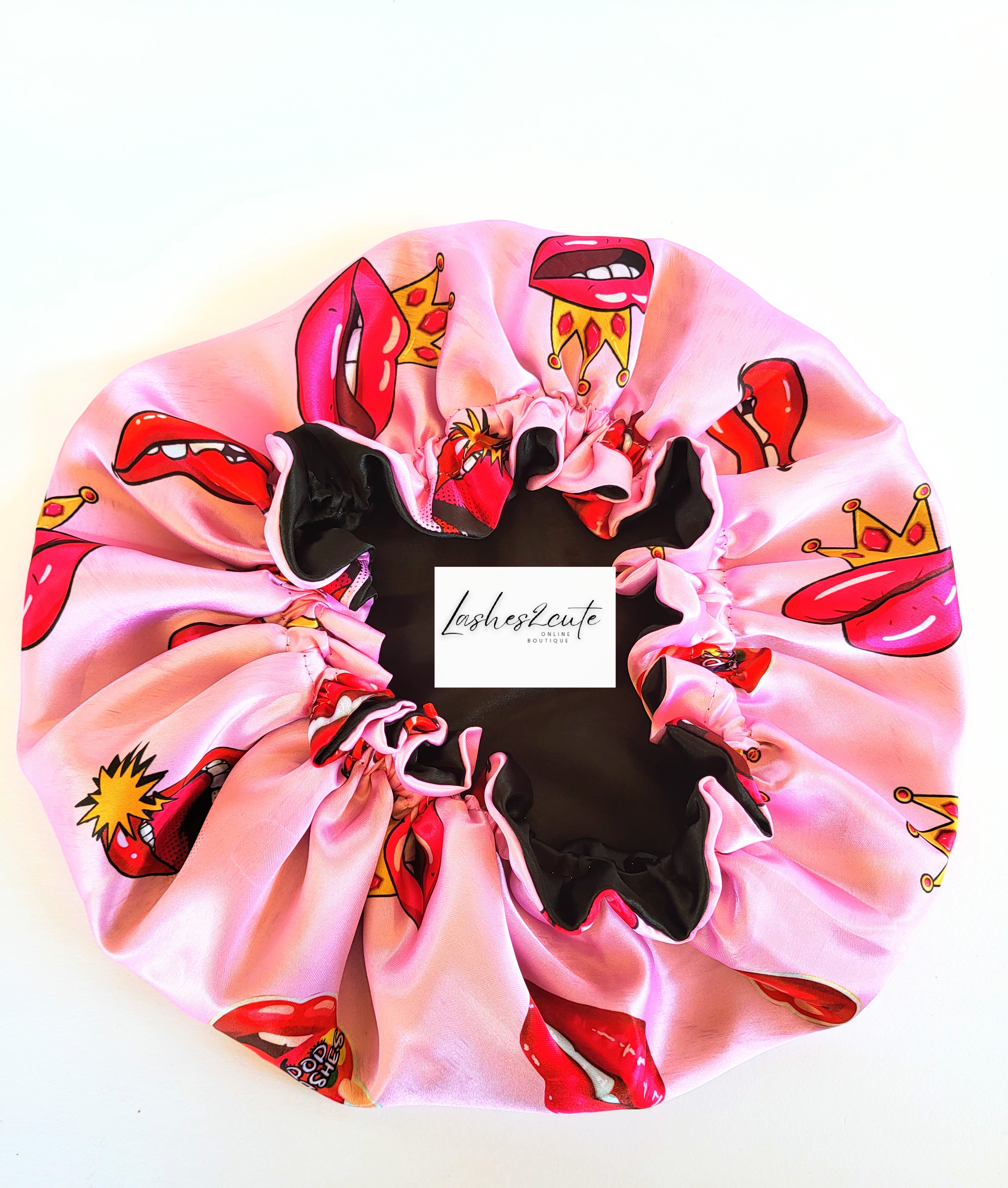 Reversible Sleeping Satin Wavy Bonnet Pink with Red Lips
