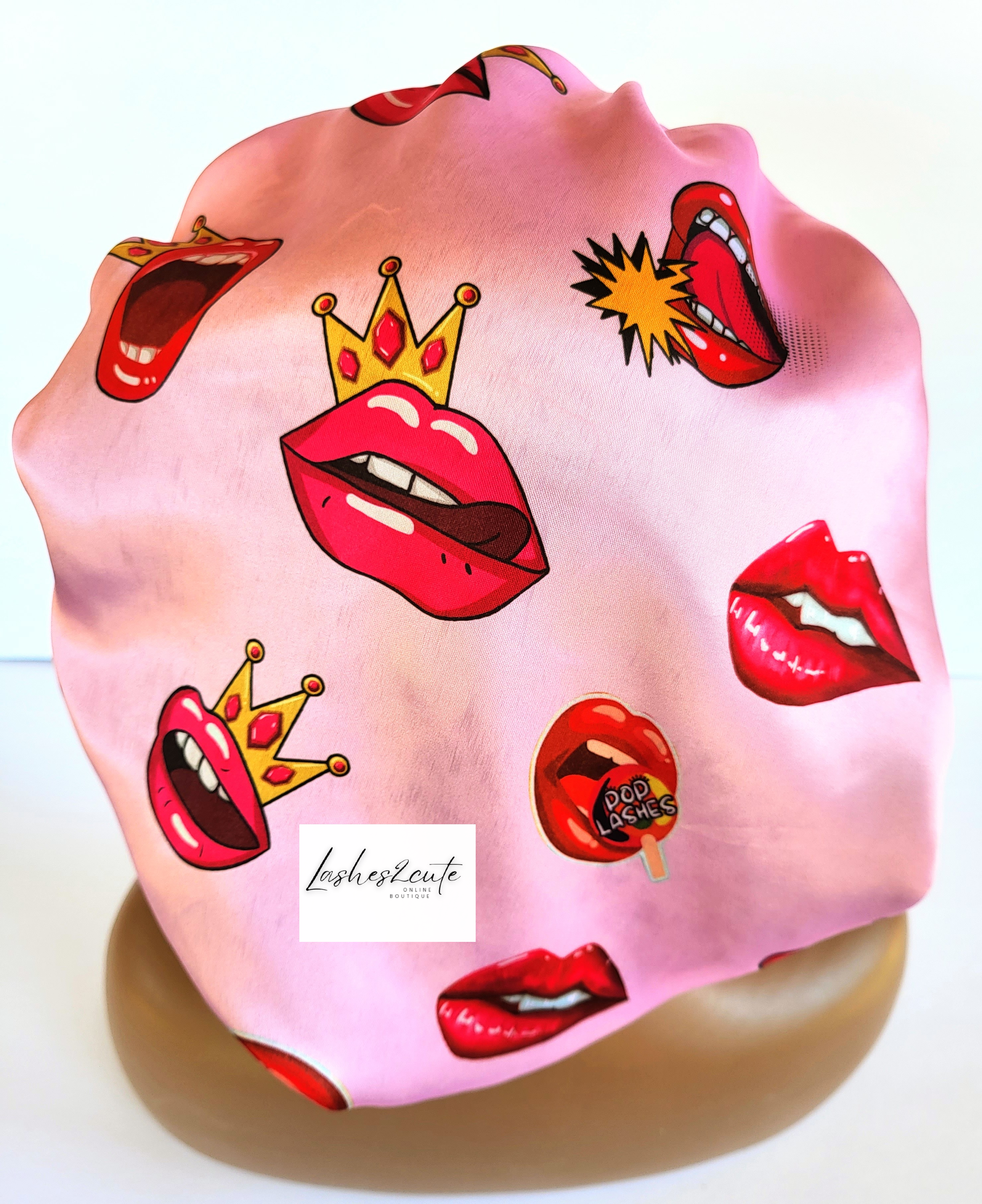 Reversible Sleeping Satin Wavy Bonnet Pink with Red Lips