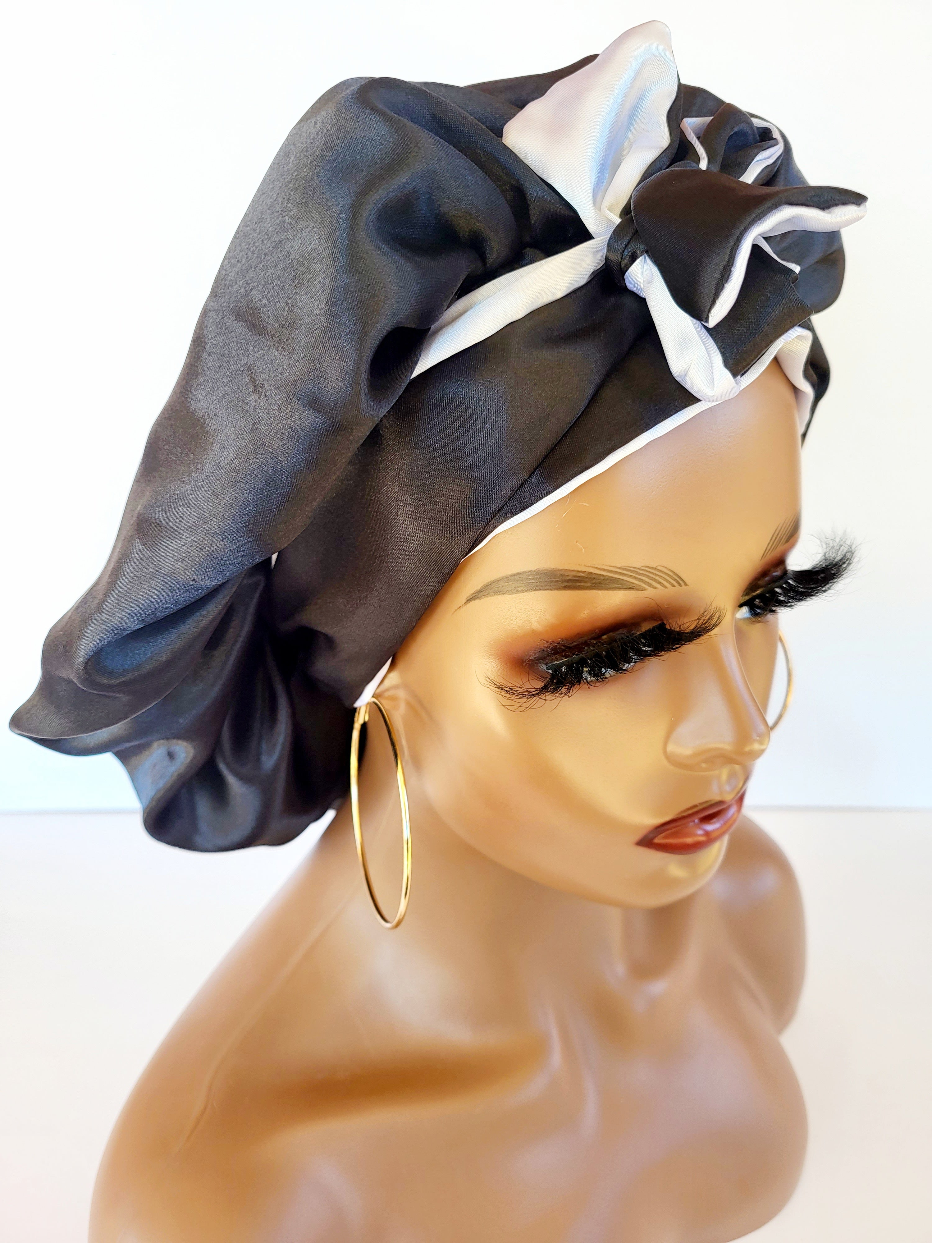 Reversible Womens Sleeping Satin Bonnet Black & Silver