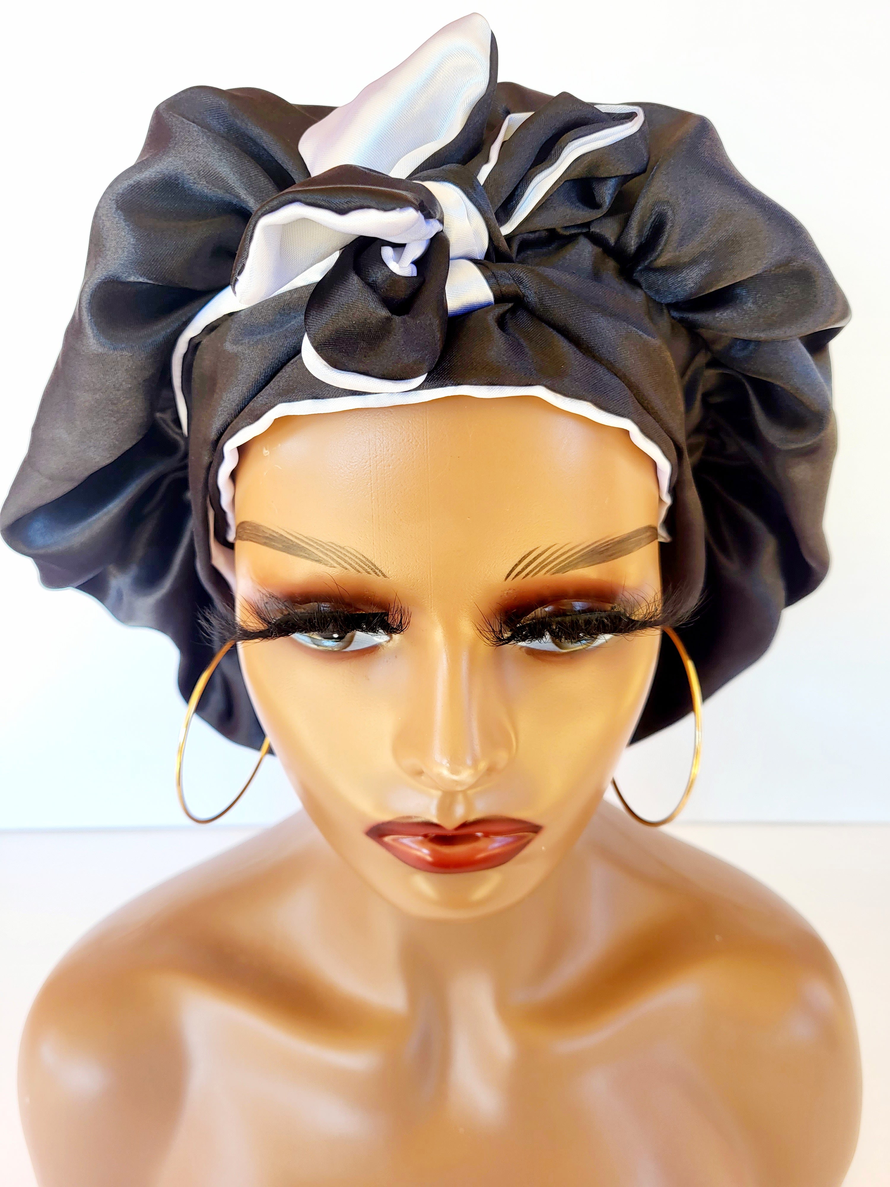 Reversible Womens Sleeping Satin Bonnet Black & Silver