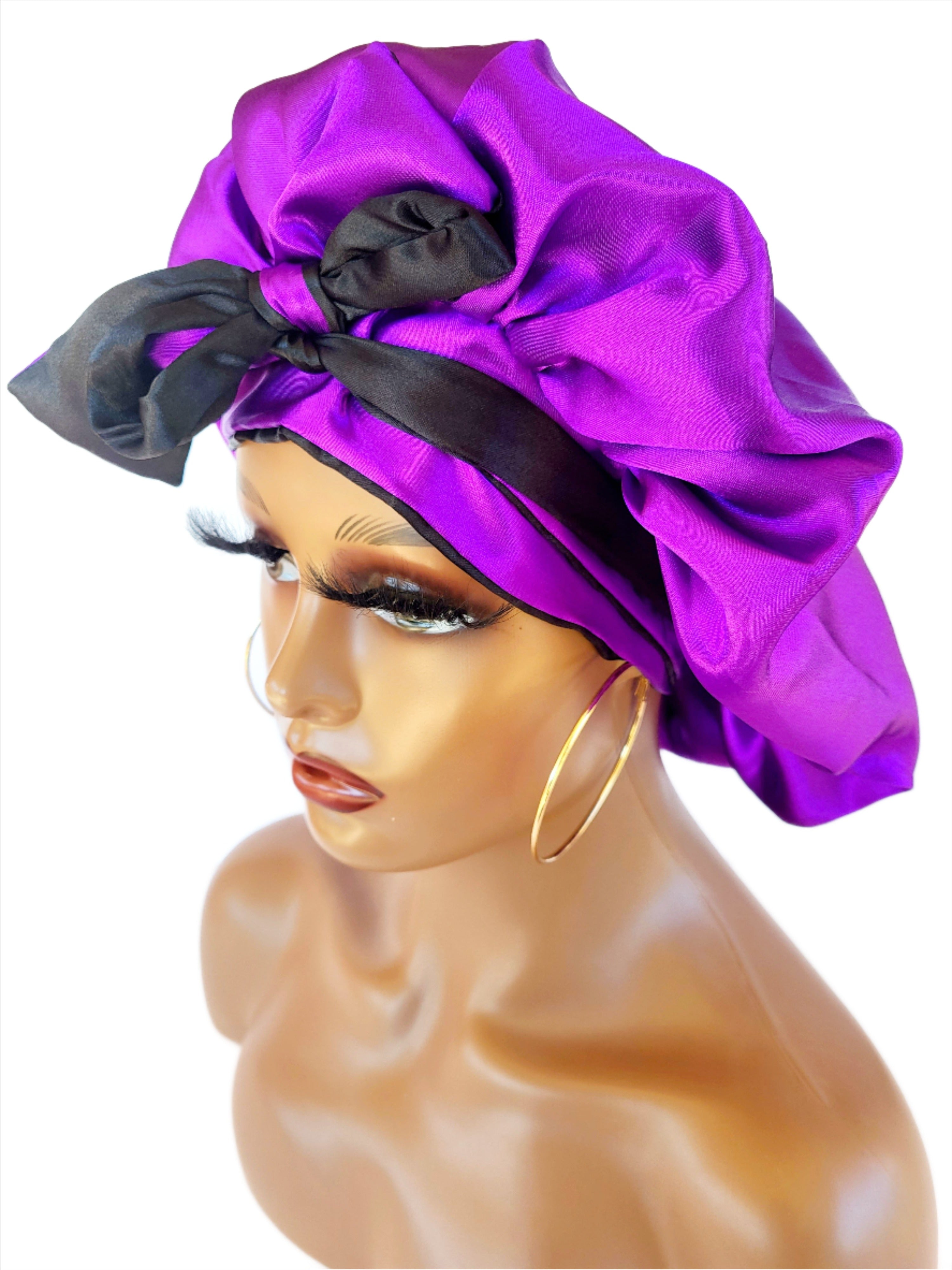 Reversible Womens Sleeping Satin Bonnet Purple & Black