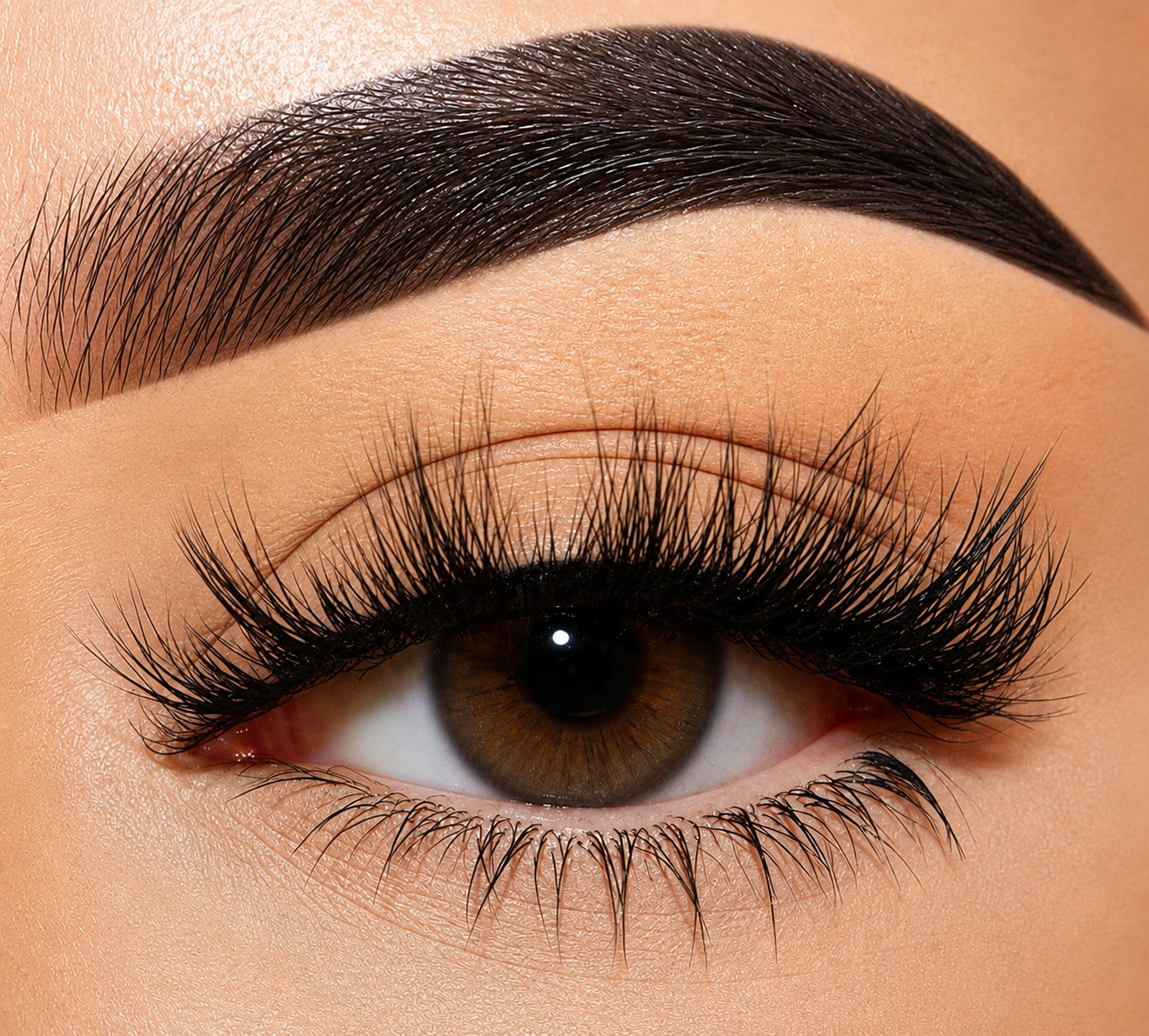 Extreme close-up of a human eye with long, dark false eyelashes applied, a defined dark brown eyebrow, and smooth warm skin filling the frame.