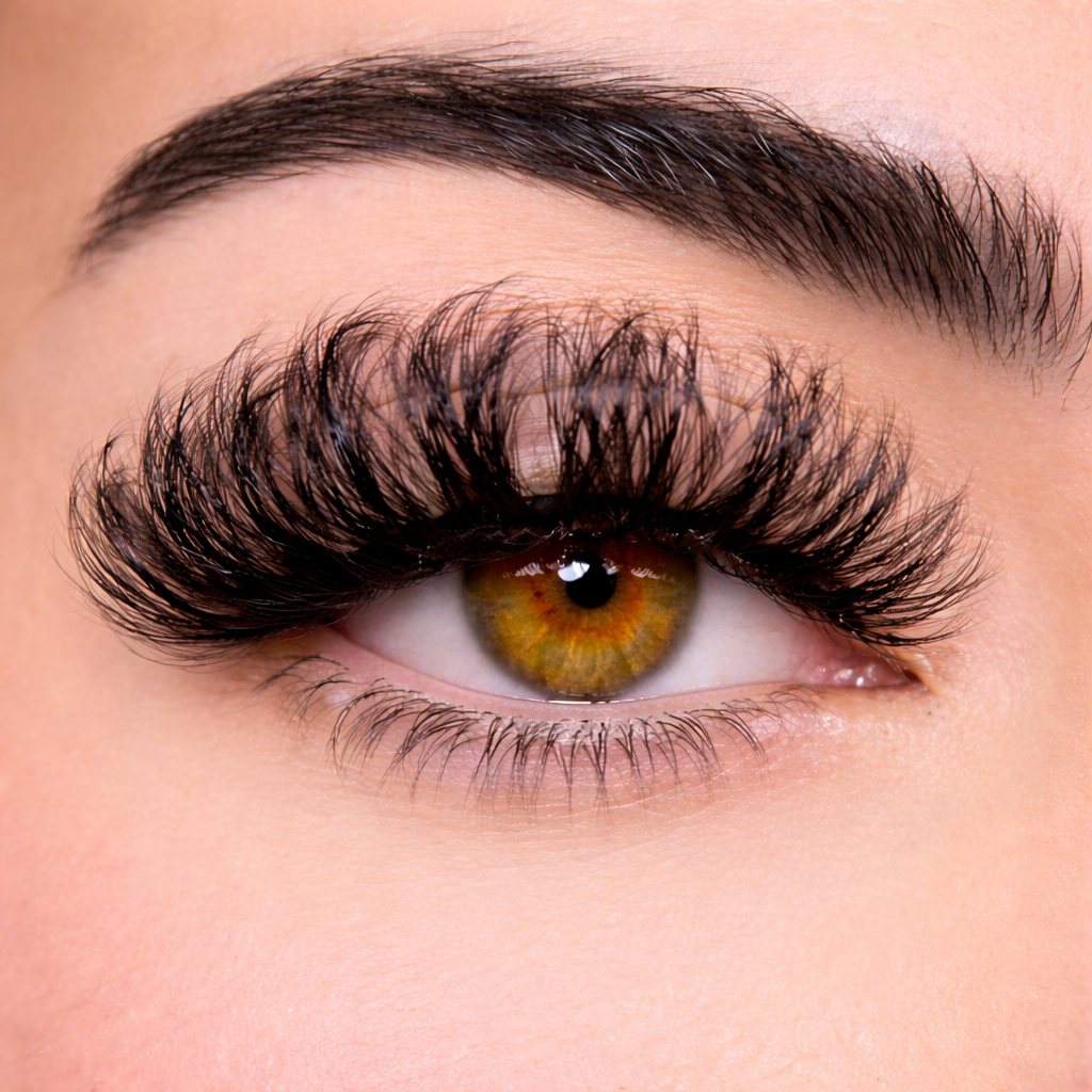 Close-up of an eye with long, thick eyelashes
