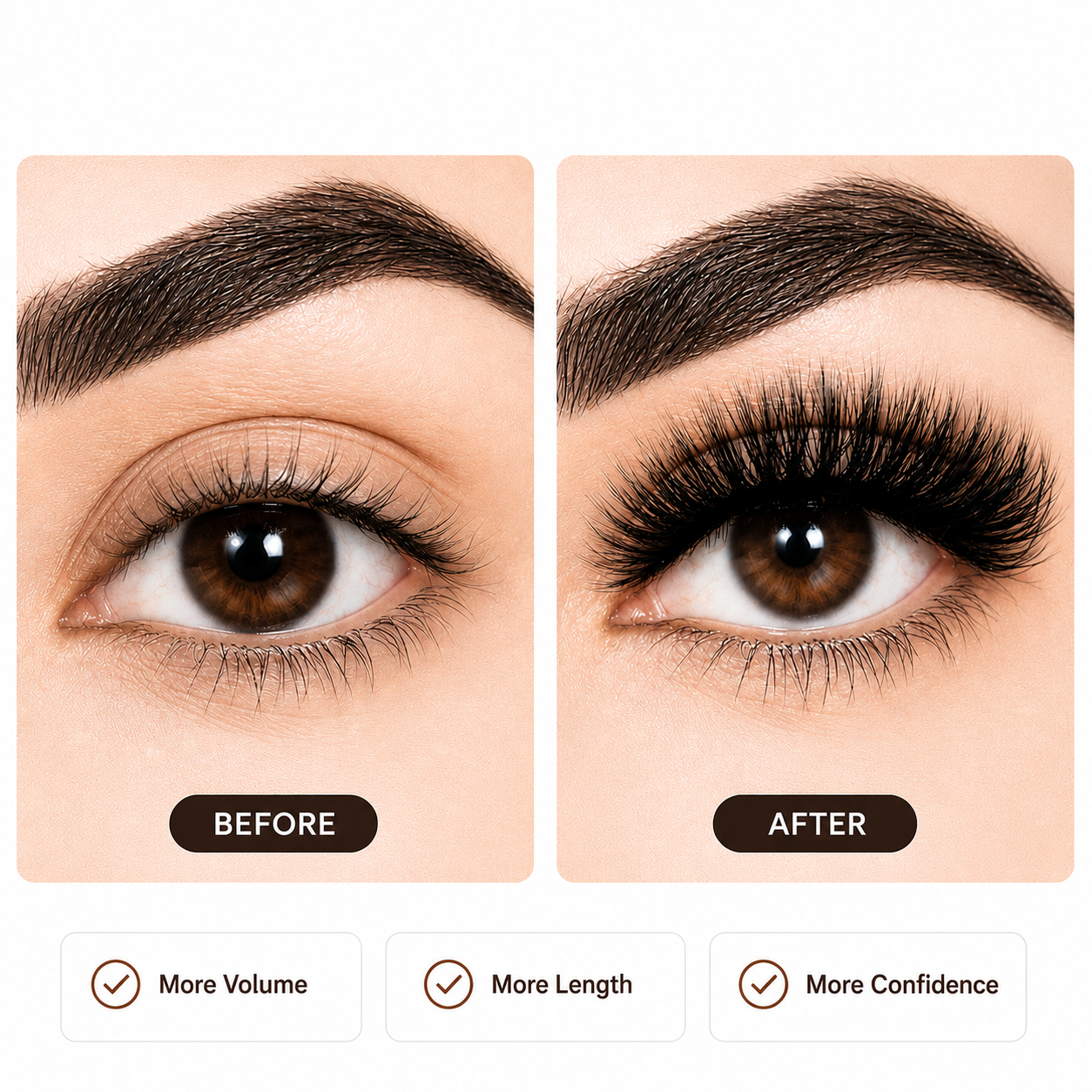Before and after comparison of eye lashes with text indicating volume, length, and confidence improvements.