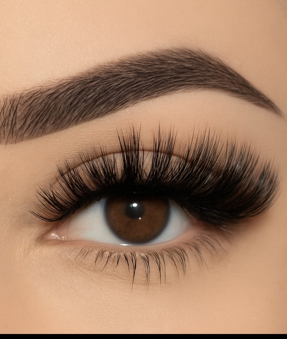 Close-up of an eye with long, dark eyelashes and a well-groomed eyebrow.