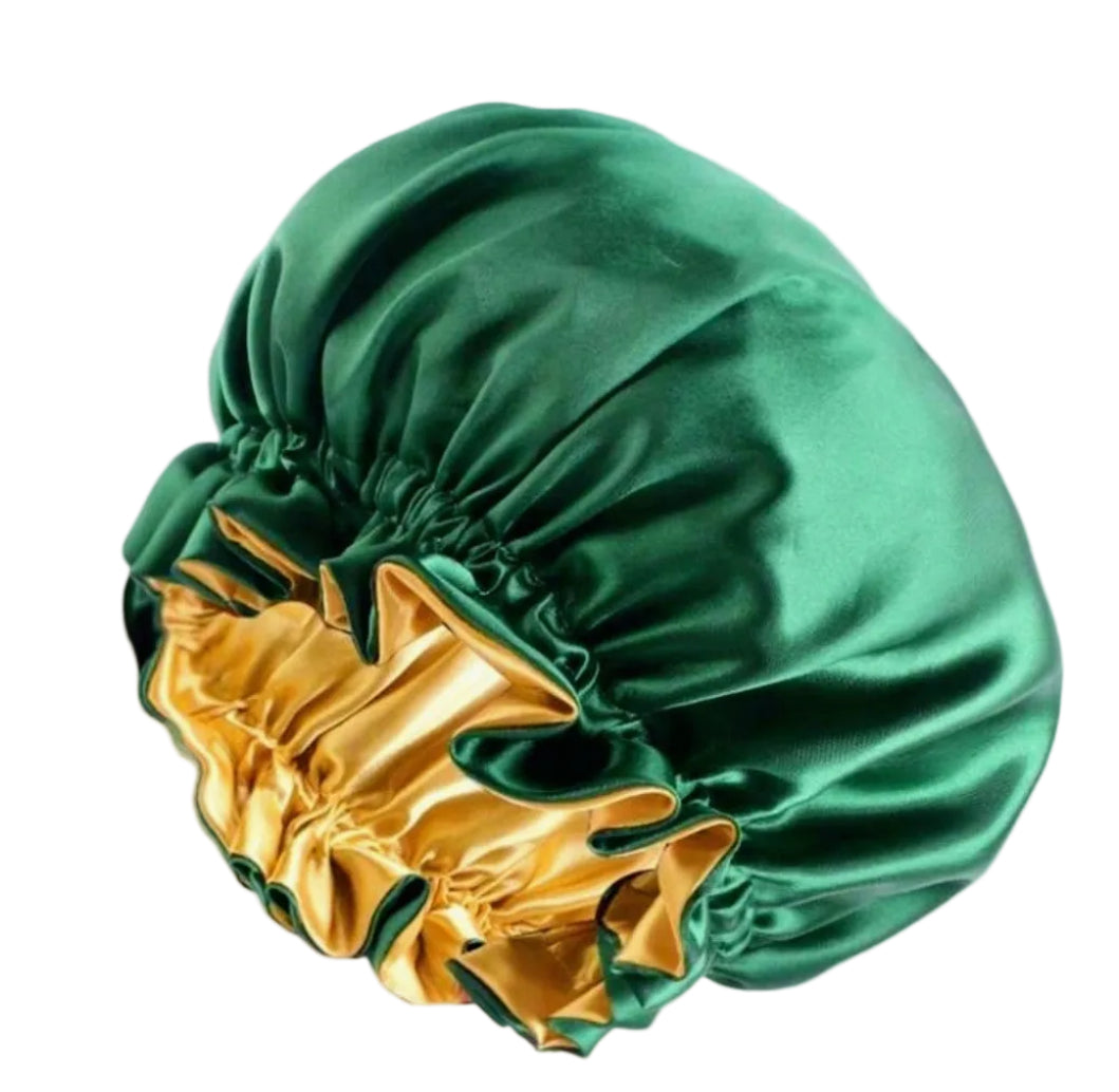 Emerald & Gold Reversible Satin Bonnet Luxury Silk