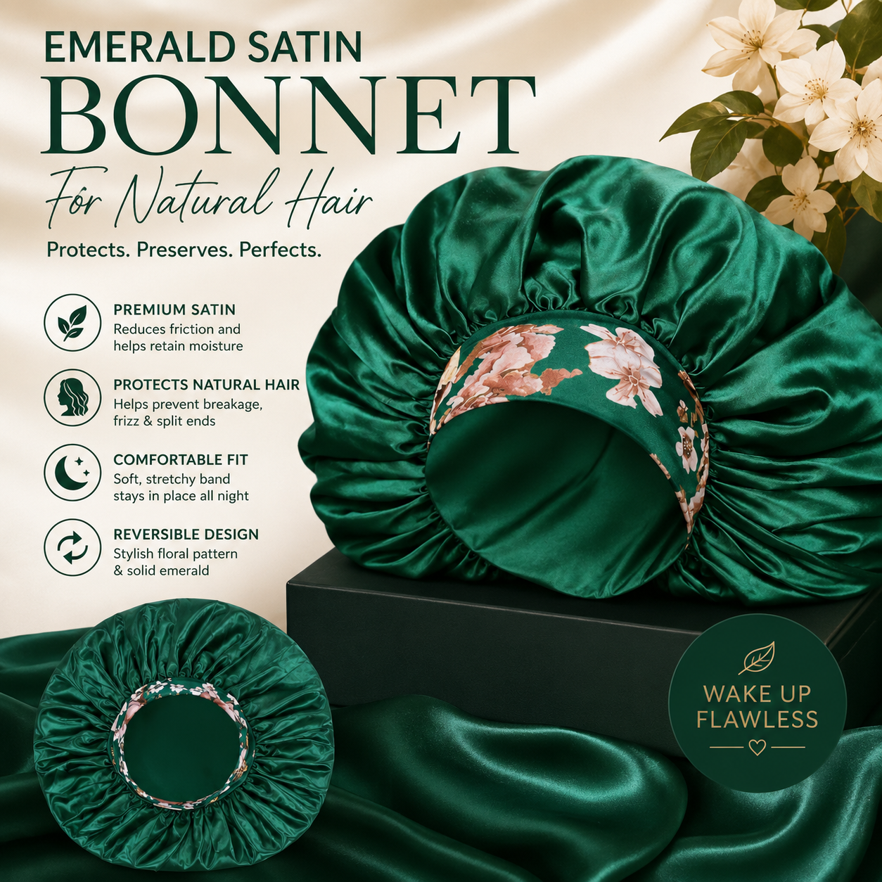 Emerald satin bonnet with floral design on a beige background