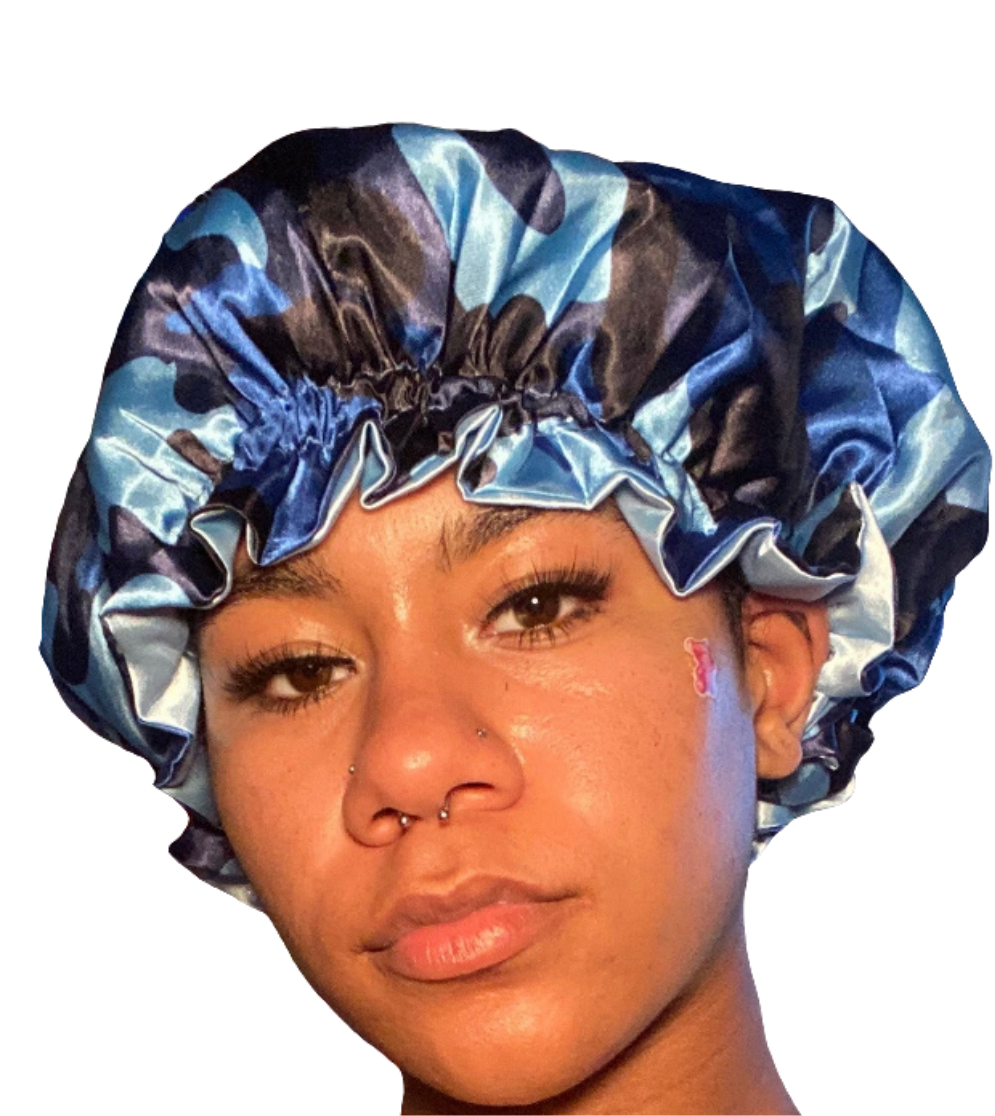Blue Camo Reversible Satin Hair Bonnet – Protective, Stylish, and Comfortable Sleep Cap