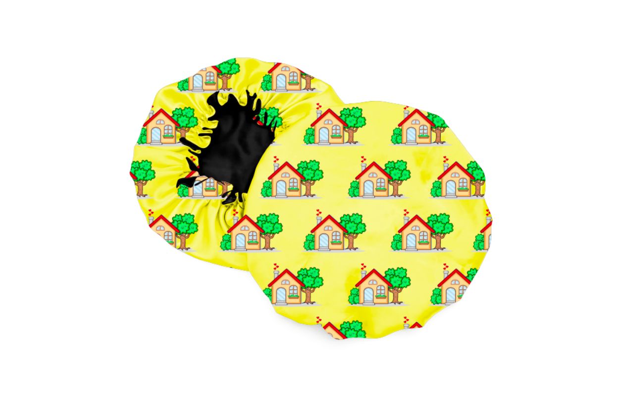 Kids Satin Hair Bonnet- Yellow House & Tree Design I Frizz Protection & Moisture Retention