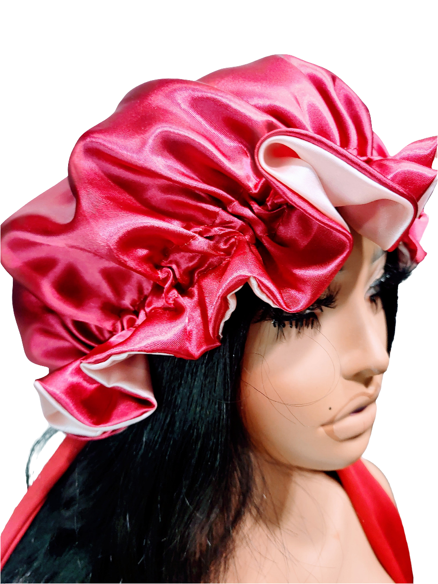 ✨ Ruby Reversible Satin Sleep Bonnet – Red & Pink Double-Layer Hair Protection Bonnet