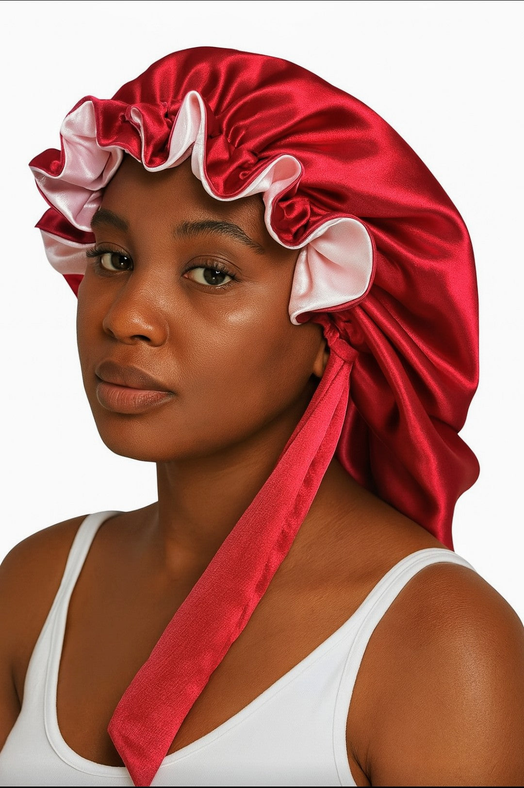 Woman wearing a red satin bonnet with pink trim on a white background