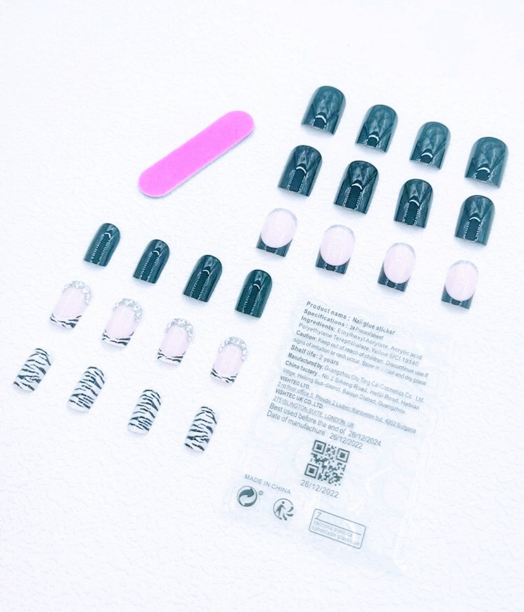 "Zebra" 24pcs Short Square Black French 3D Rhinestone Nails