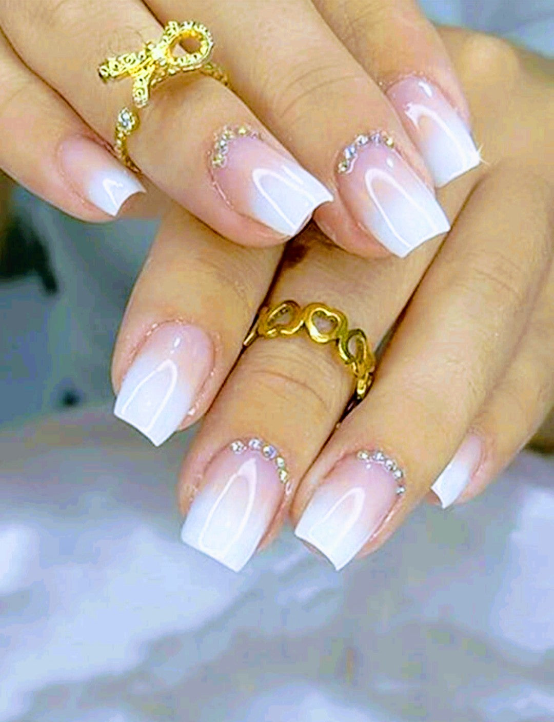 "Ombre" 24pcs Long Medium Square Ombre with Pink Rhinestone Nails with glue