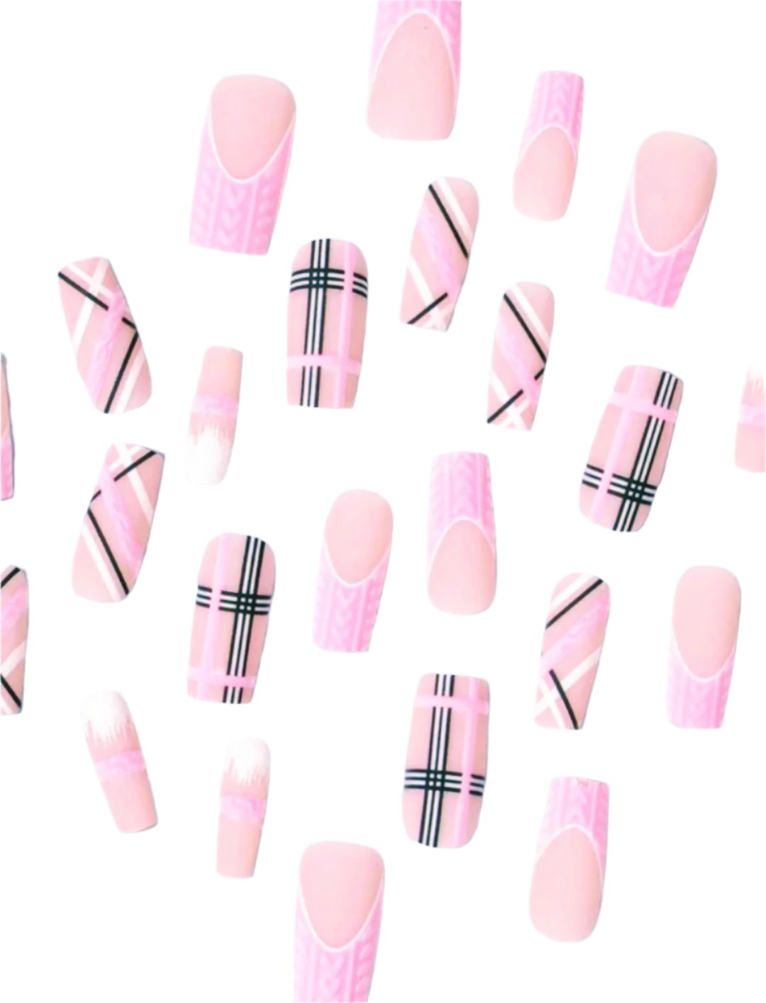 "Pink Plaid" 24 piece press on long french tip acrylic nails with glue