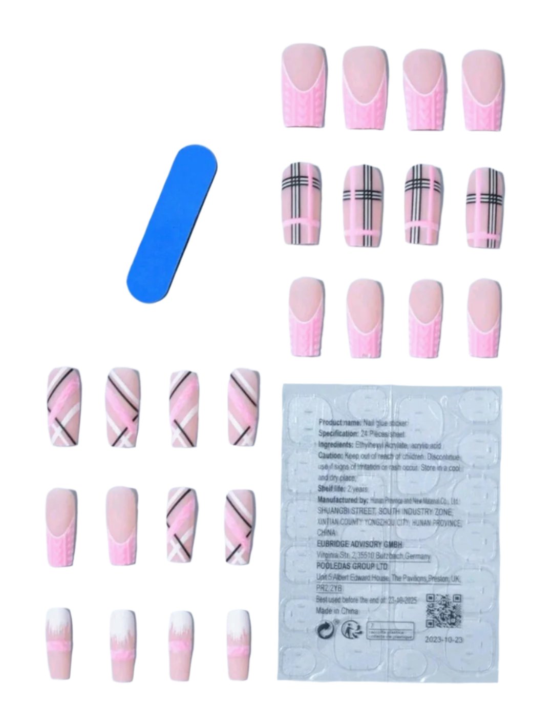 "Pink Plaid" 24 piece press on long french tip acrylic nails with glue