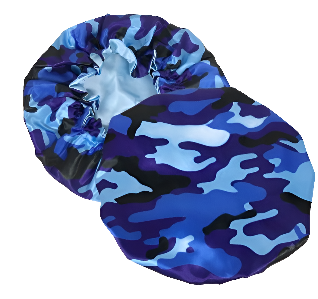 Blue Camo Reversible Satin Hair Bonnet – Protective, Stylish, and Comfortable Sleep Cap