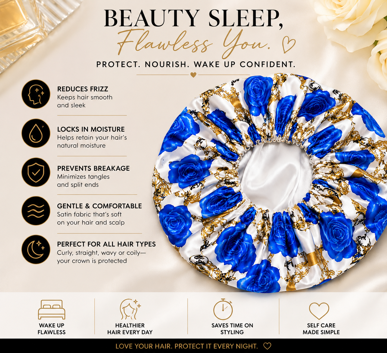 Royal Bloom Reversible Satin Bonnet -Blue & Gold