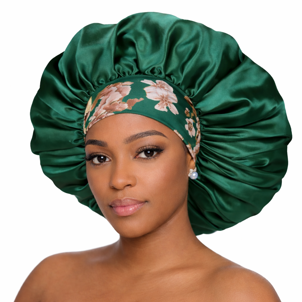 Woman wearing a green satin bonnet with a floral headband on a white background