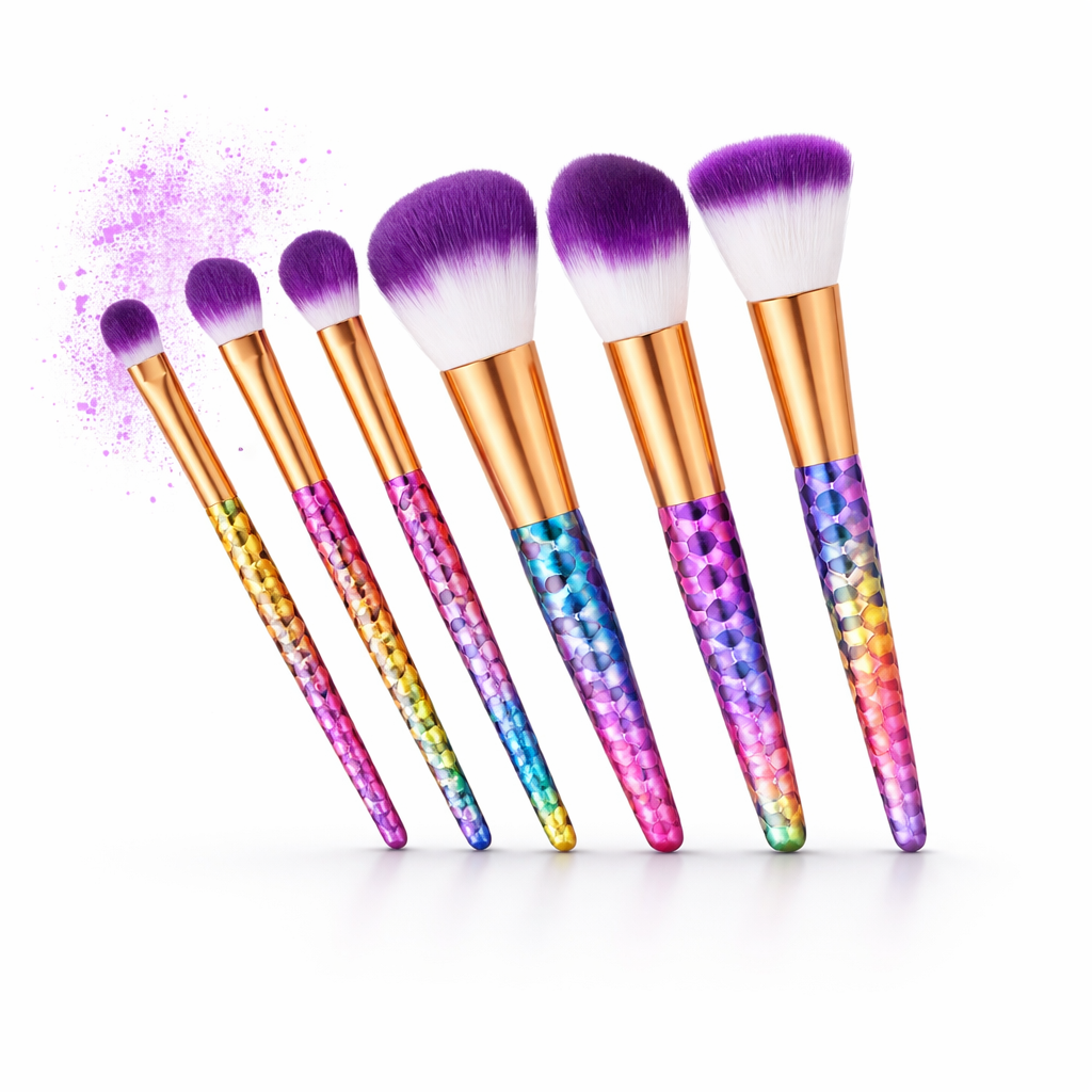 Set of makeup brushes with colorful handles on a white background