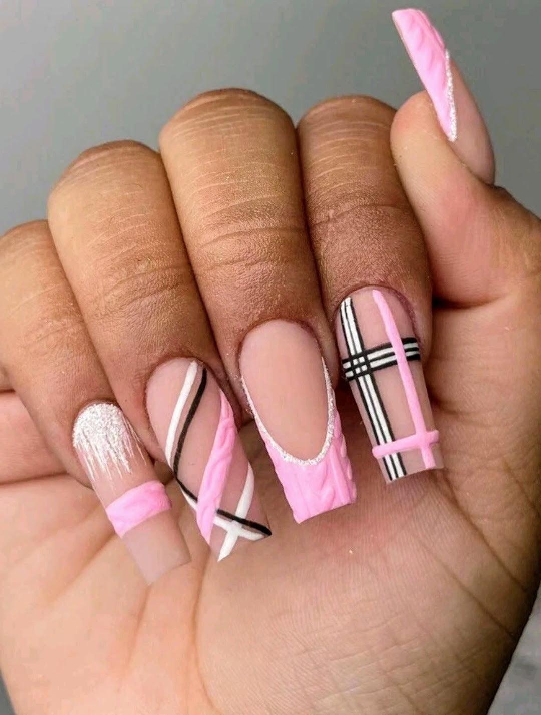 "Pink Plaid" 24 piece press on long french tip acrylic nails with glue