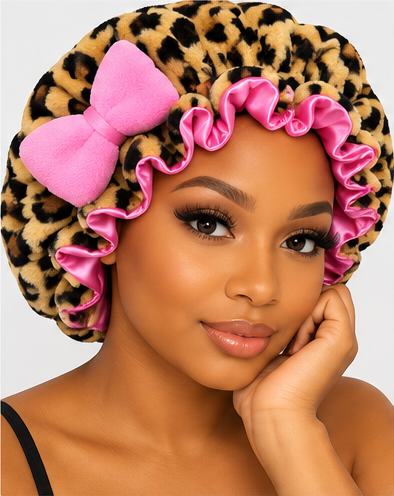 Pink Leopard Luxe | Teddy Fleece Satin-Lined Bonnet 💕🐆