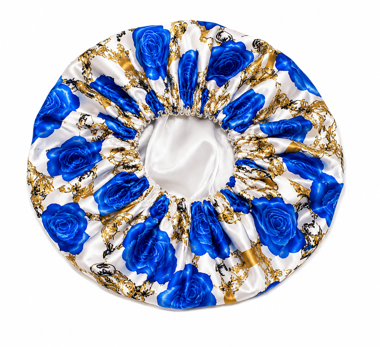 Royal Bloom Reversible Satin Bonnet -Blue & Gold