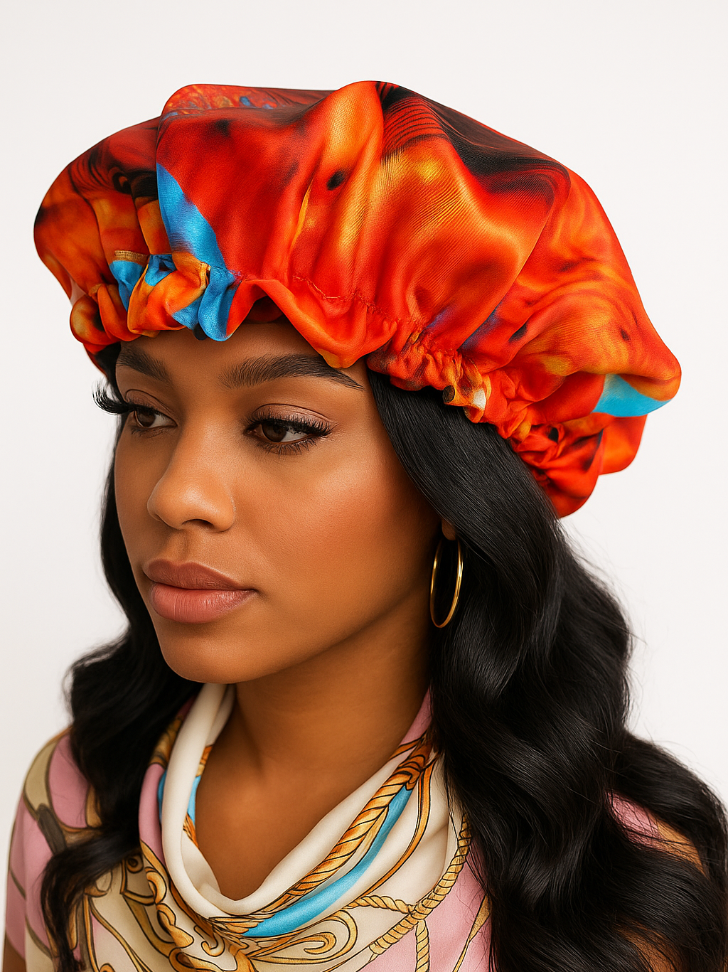 Woman wearing a colorful satin headband with a plain background