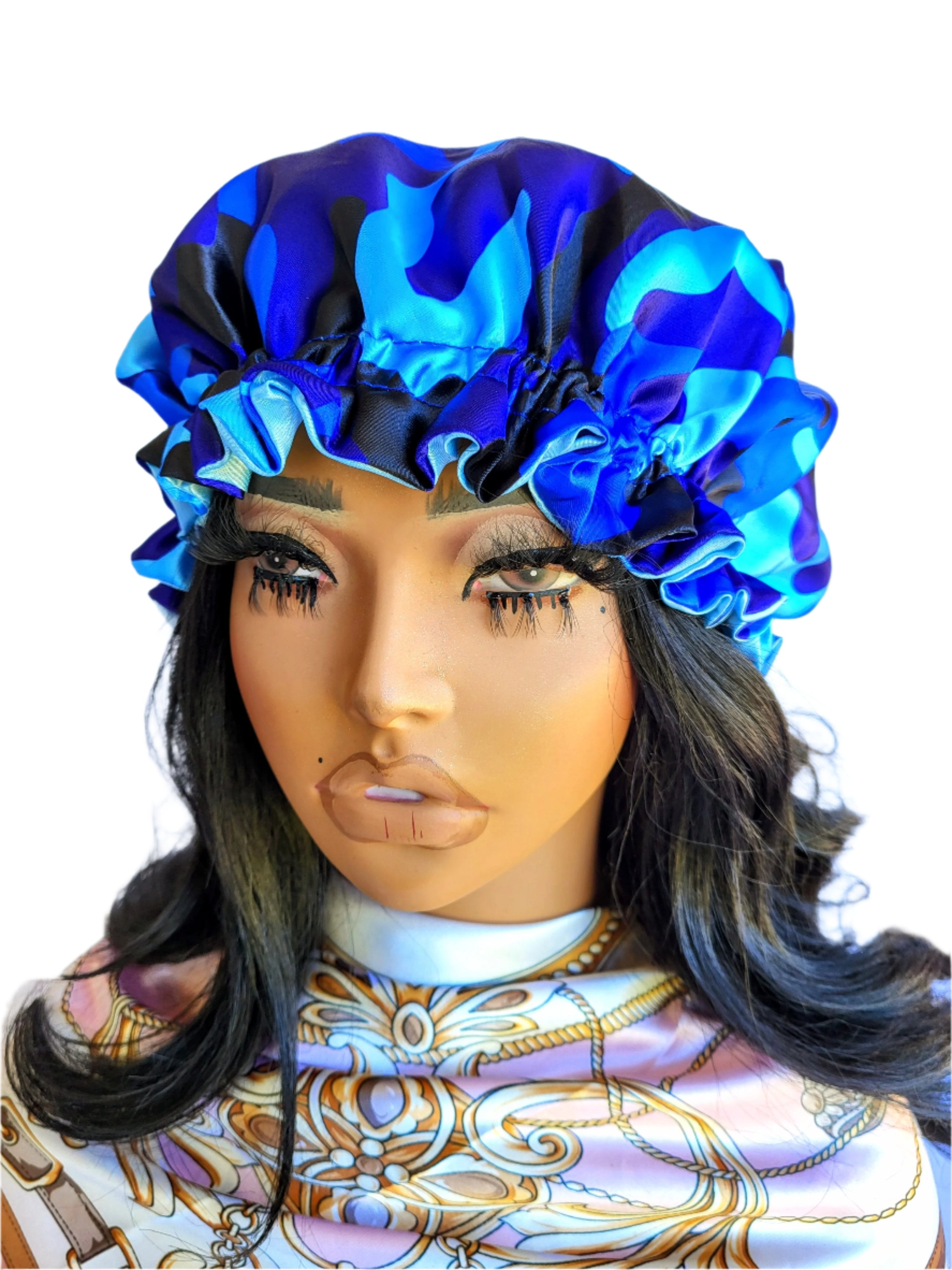 Blue Camo Reversible Satin Hair Bonnet – Protective, Stylish, and Comfortable Sleep Cap
