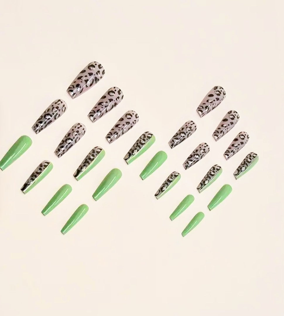 "Green Glam" 24 Pcs Long Coffin Leopard Press on Nails with Glue