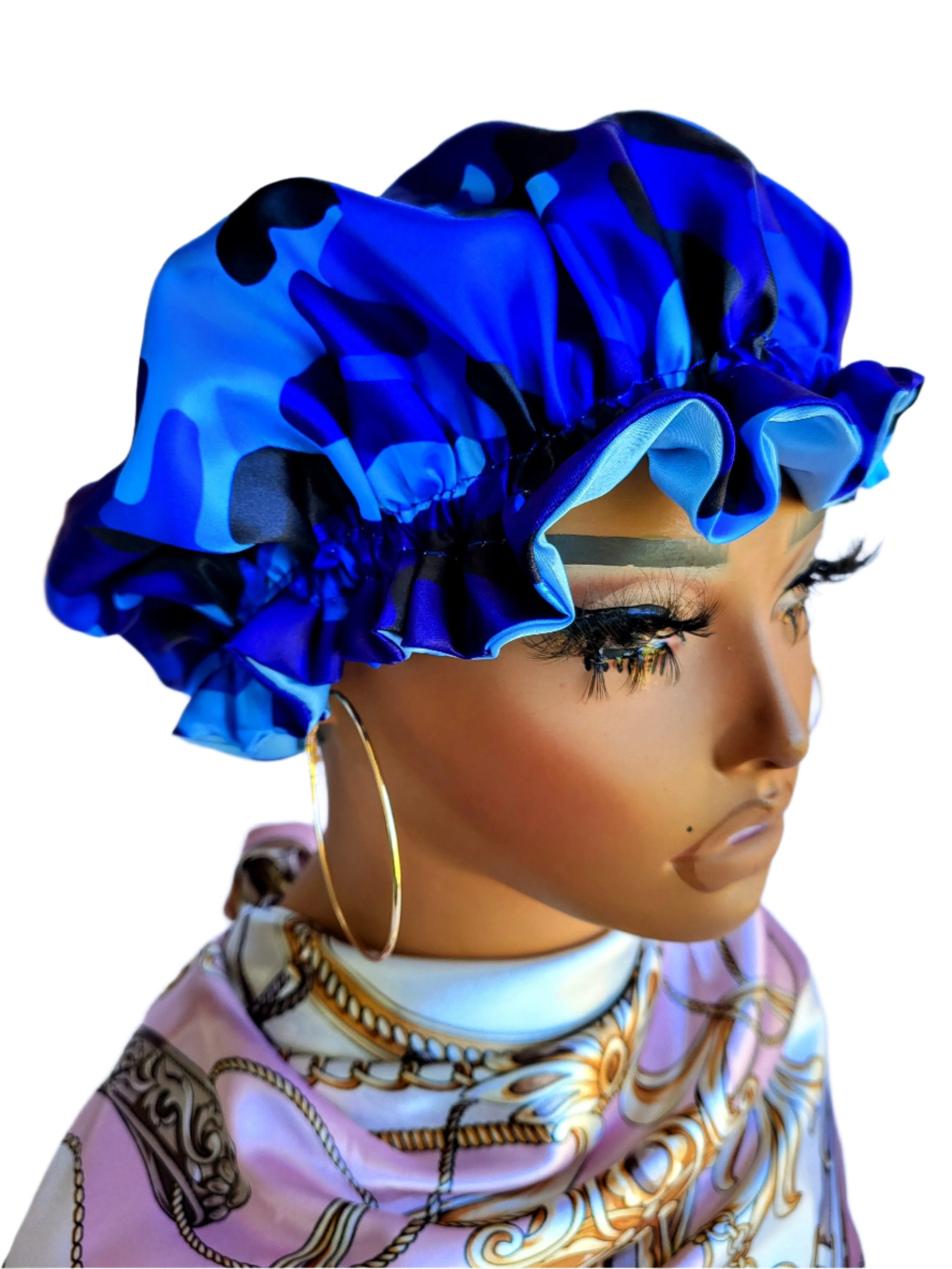 Blue Camo Reversible Satin Hair Bonnet – Protective, Stylish, and Comfortable Sleep Cap