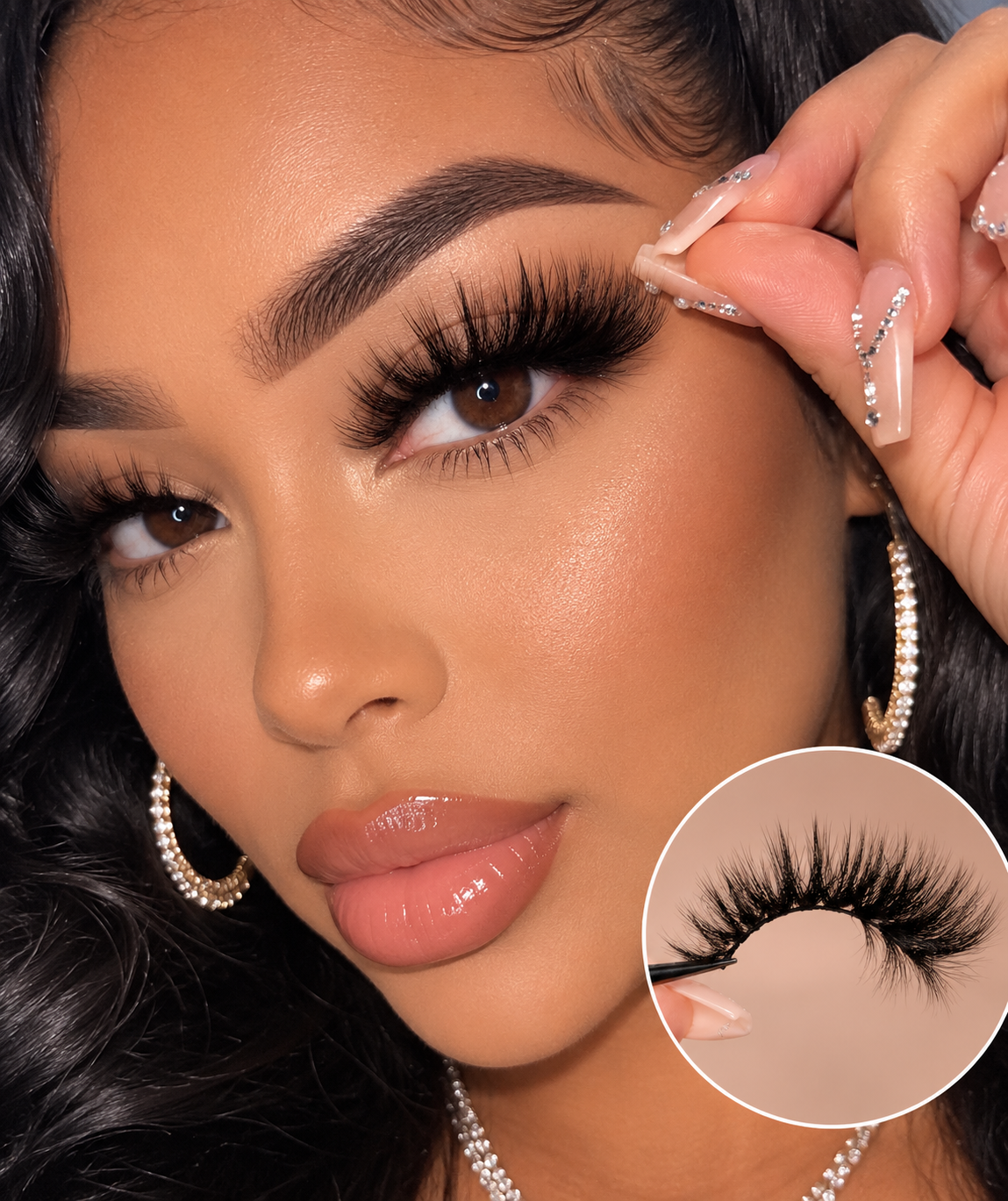Close-up of a woman wearing dramatic false eyelashes, with a circular inset showing the lash product detail. The image is tightly cropped on the face and hand, with no real environment visible.