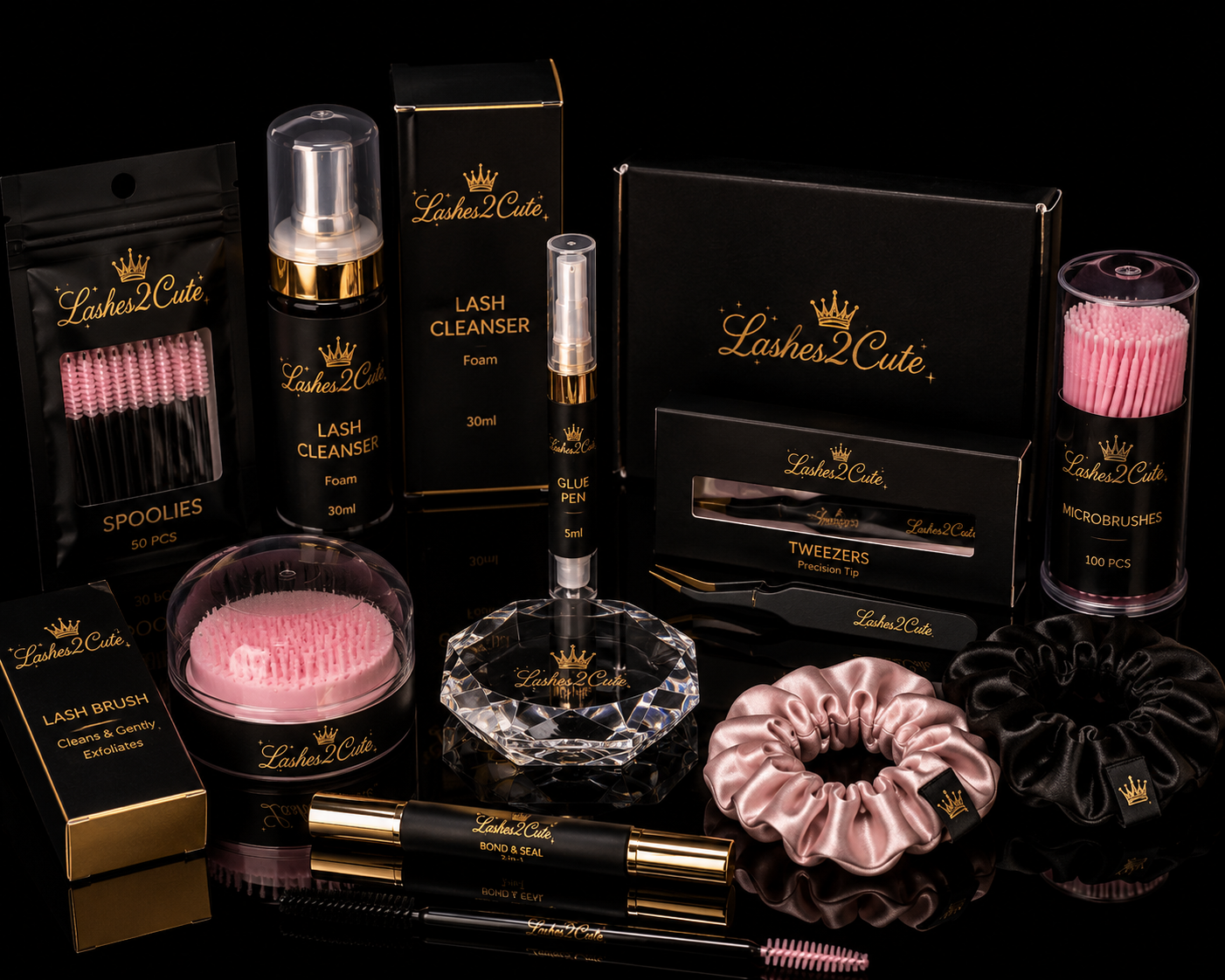 Luxury beauty accessories from Lashes2Cute featuring glam lash cases, makeup tools, mirrors, and pink satin details.