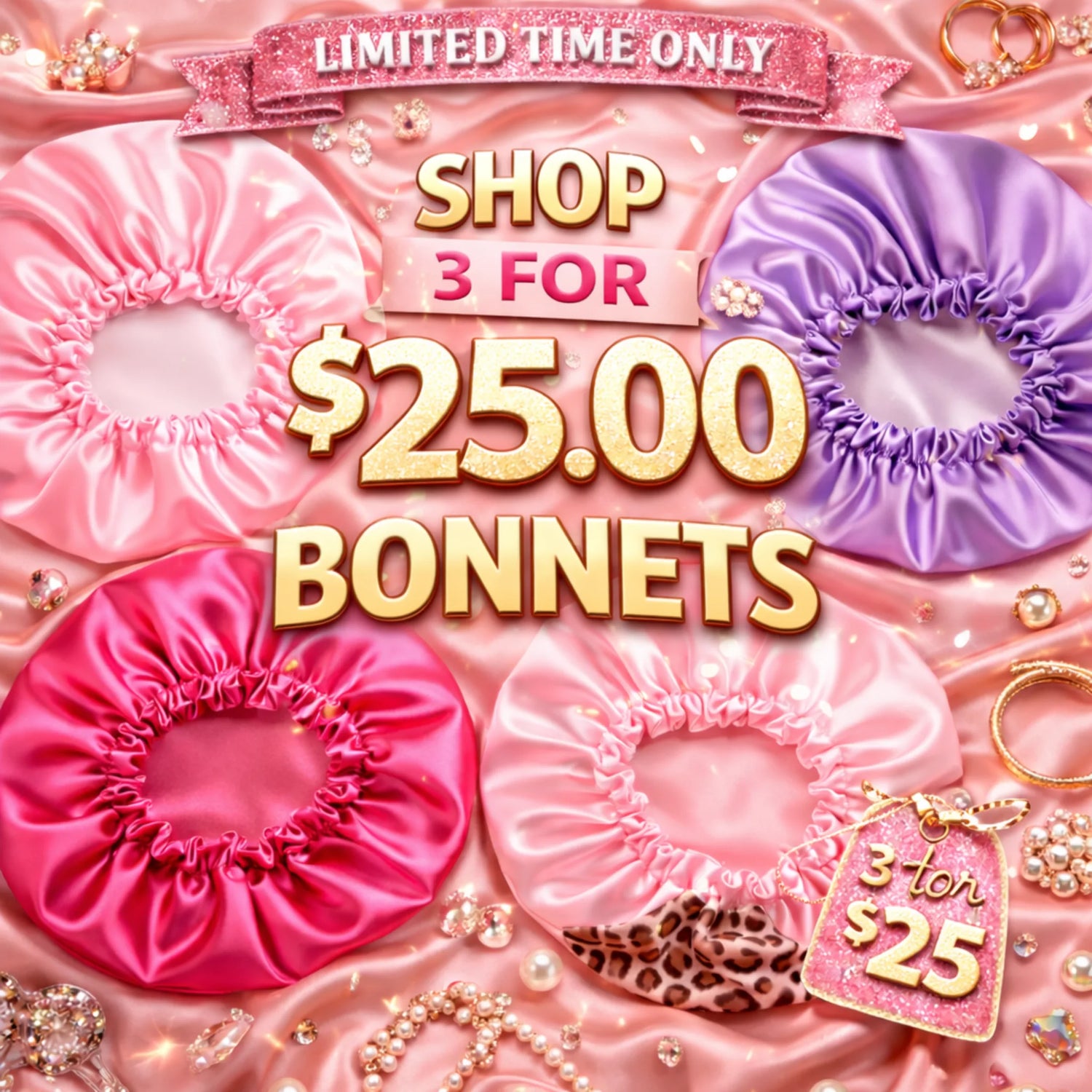 Lashes2Cute satin bonnet bundle sale featuring pink and purple sleep bonnets with shop three for twenty-five dollars limited-time offer