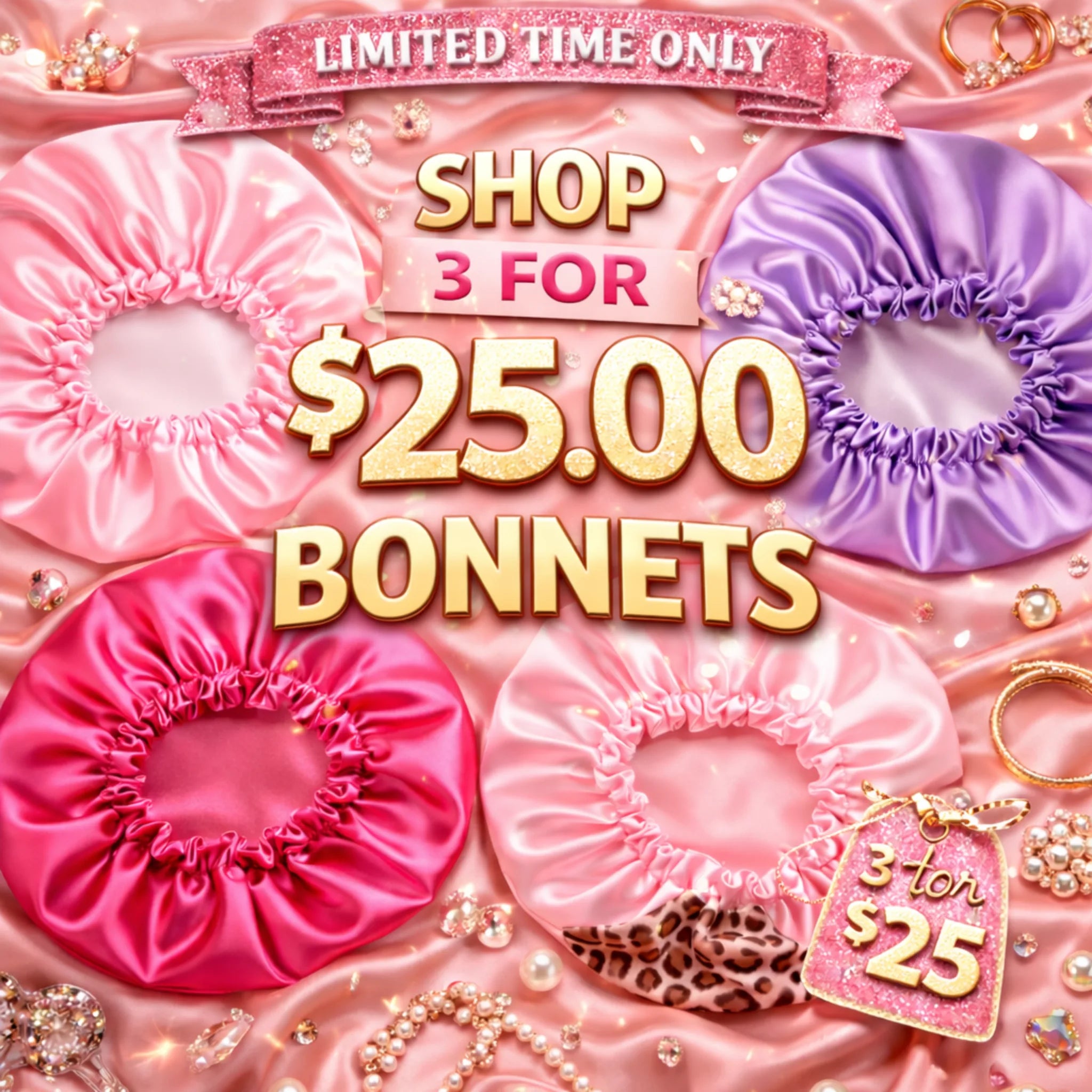 Lashes2Cute satin bonnet bundle sale featuring pink and purple sleep bonnets with shop three for twenty-five dollars limited-time offer
