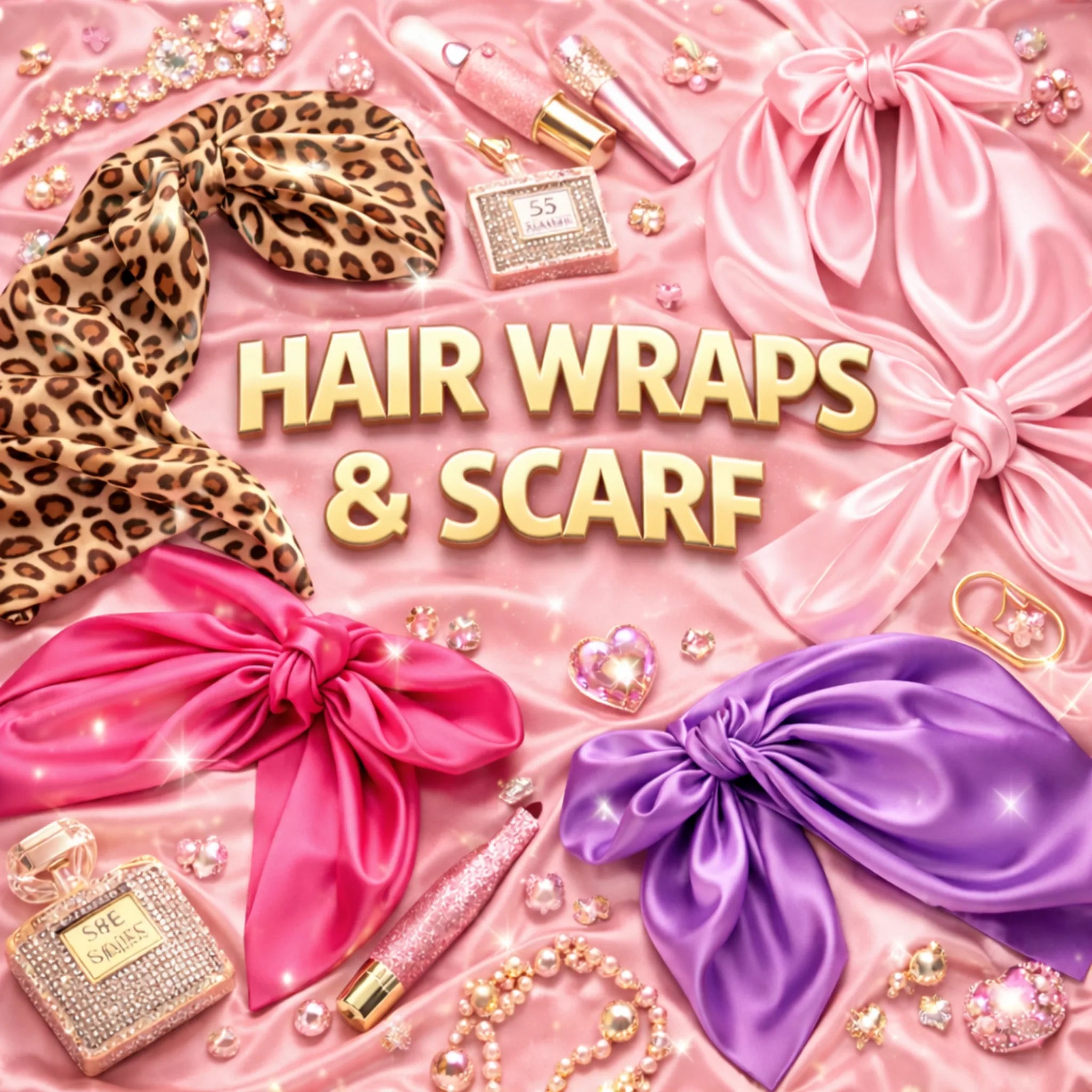 Luxury satin hair wraps and scarves from Lashes2Cute featuring pink, purple, and leopard print styles for stylish hair protection