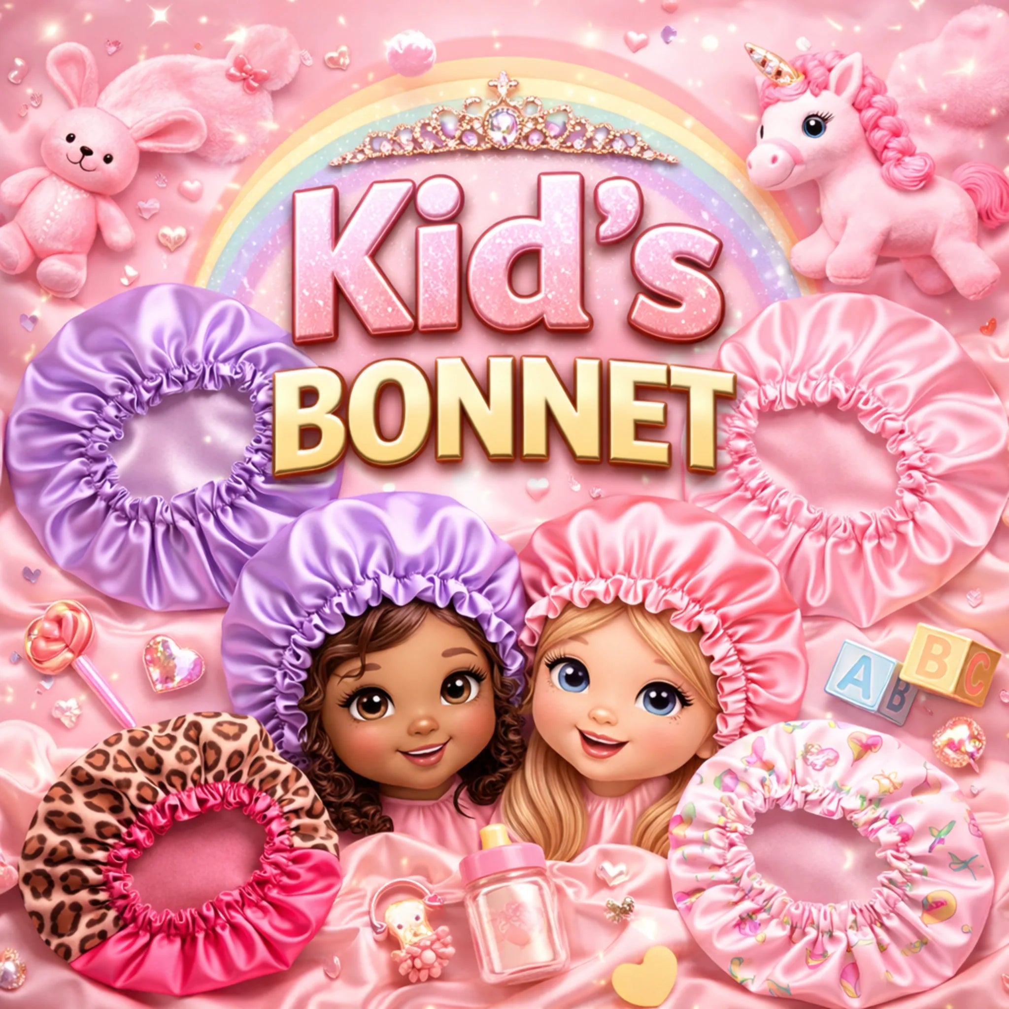 Lashes2Cute kids satin bonnets featuring soft colorful sleep bonnets for children with cute designs and gentle fabric.