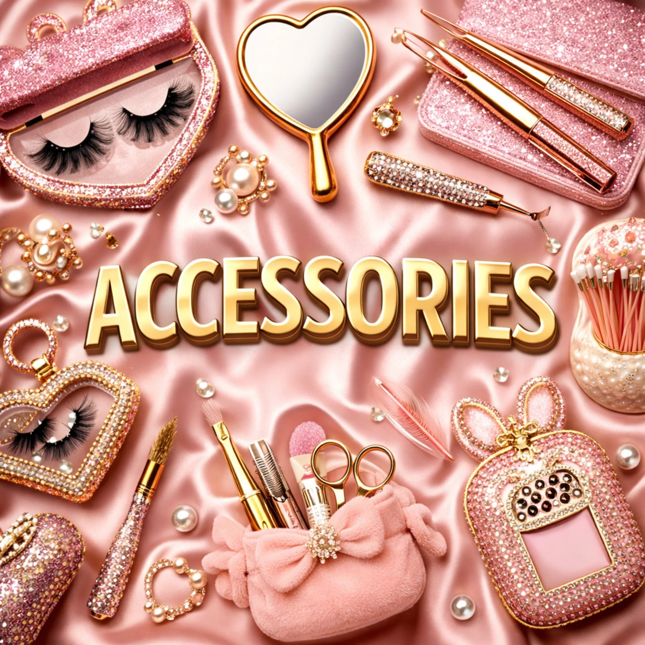 Luxury beauty accessories from Lashes2Cute featuring glam lash cases, makeup tools, mirrors, and pink satin details.