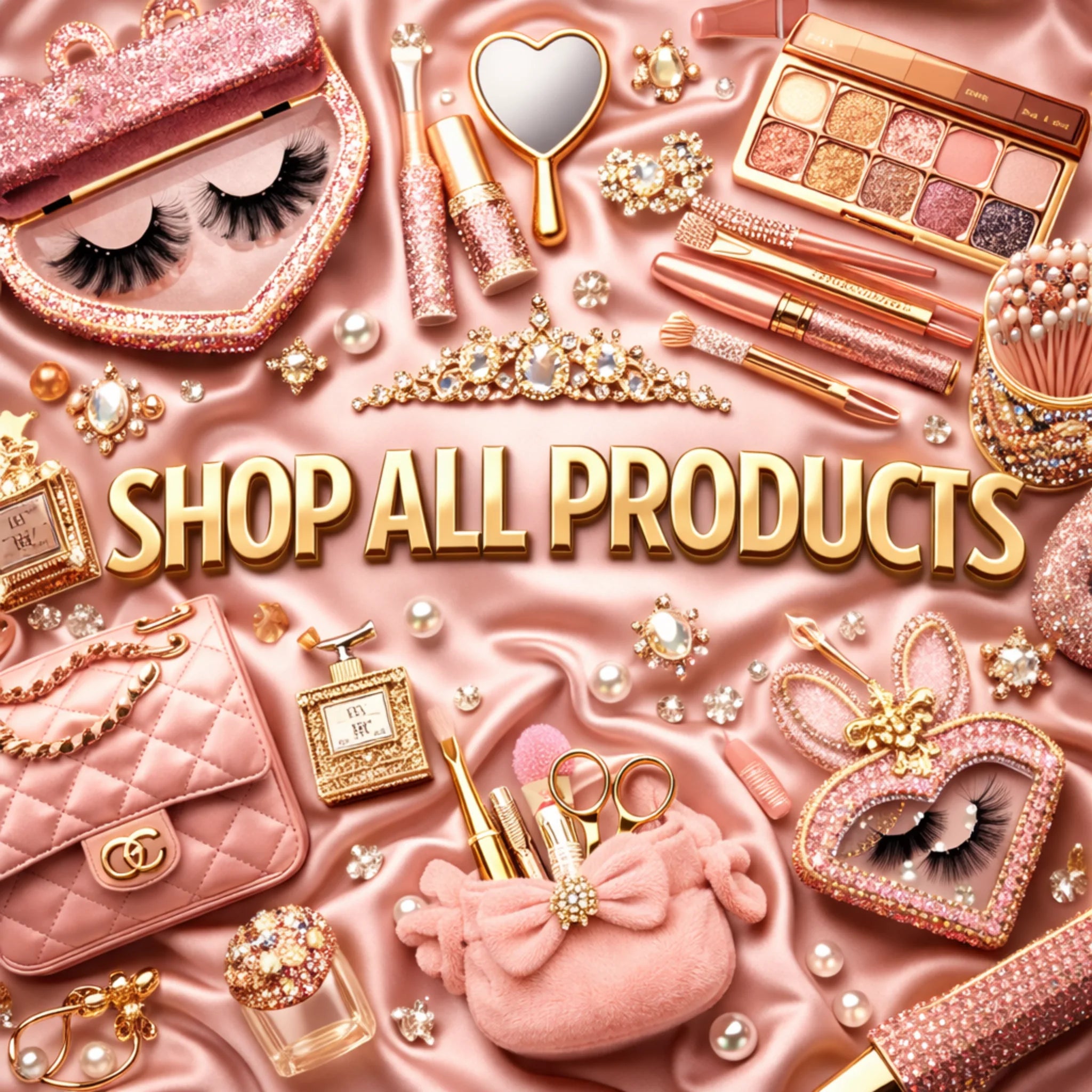 Shop all luxury beauty products from Lashes2Cute featuring glam lashes, makeup accessories, pink satin details, and elegant beauty essentials.
