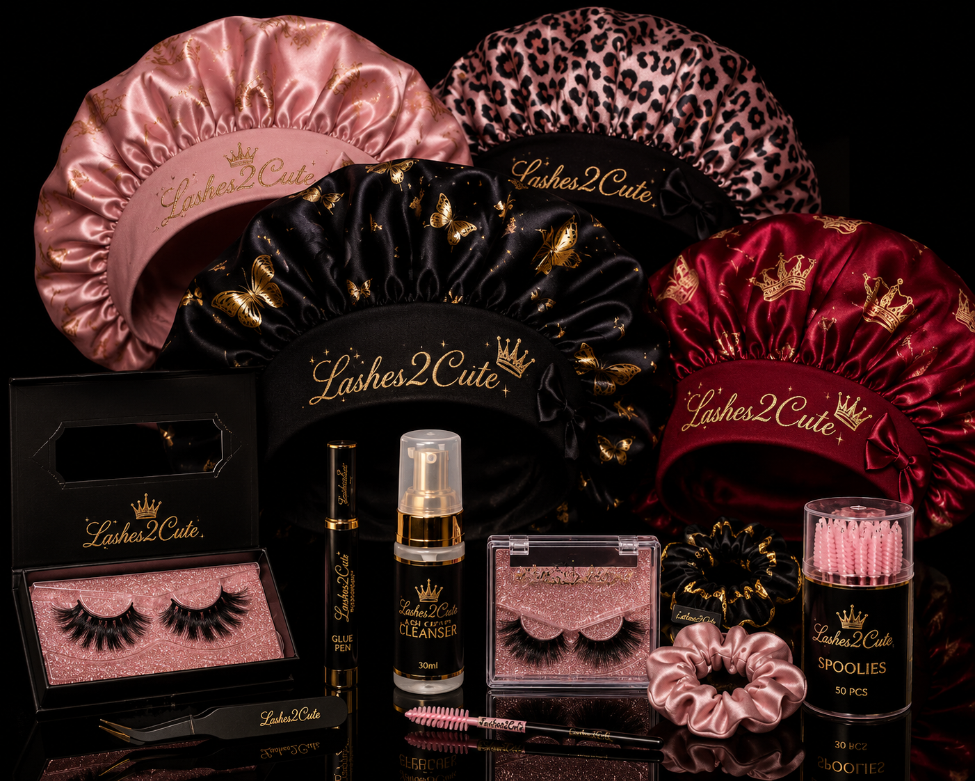 Shop all luxury beauty products from Lashes2Cute featuring glam lashes, makeup accessories, pink satin details, and elegant beauty essentials.