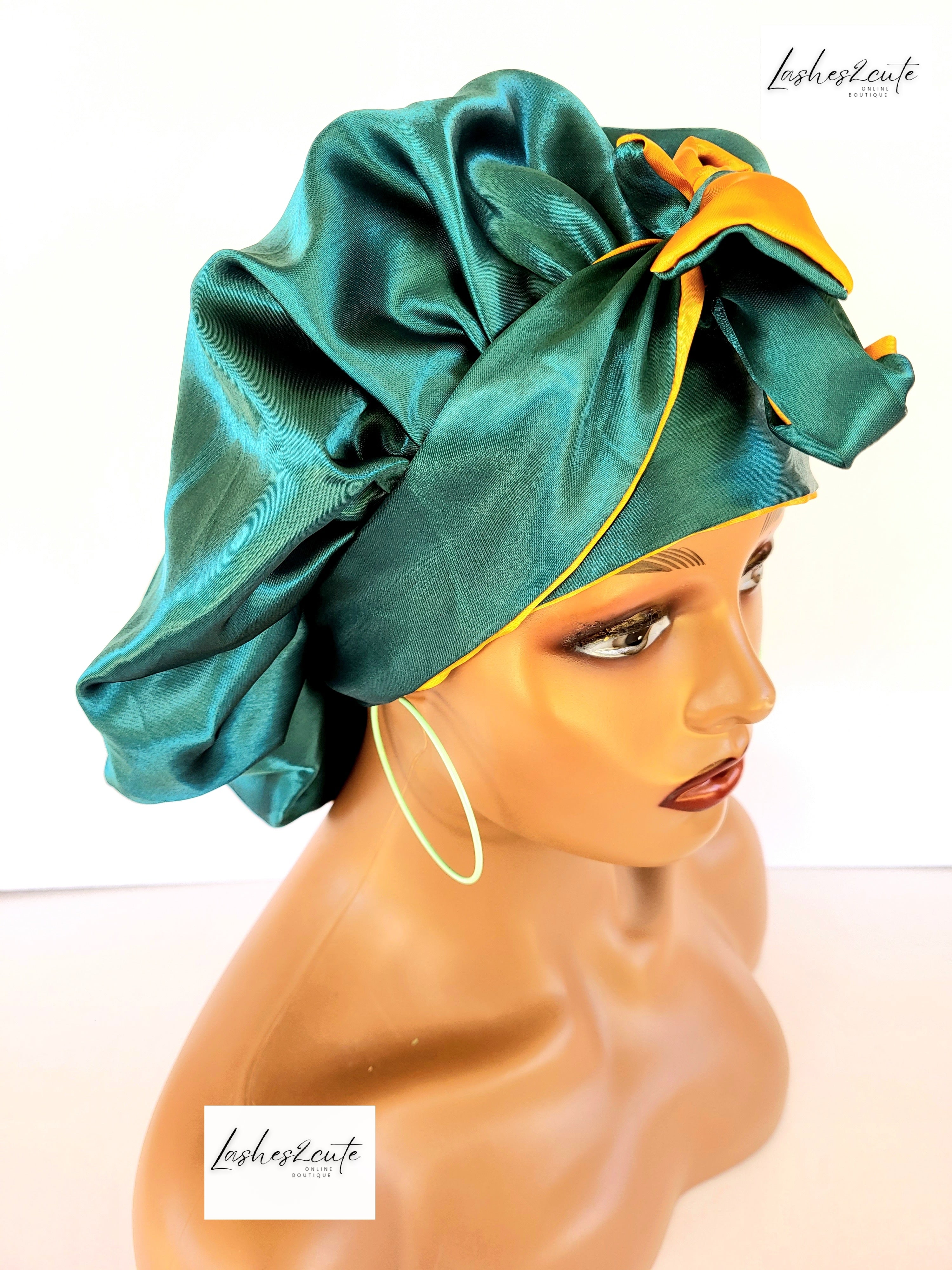 Reversible  Womens Sleeping Satin Bonnet Green and Gold Color