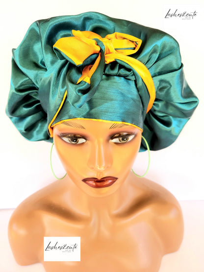 Reversible  Womens Sleeping Satin Bonnet Green and Gold Color