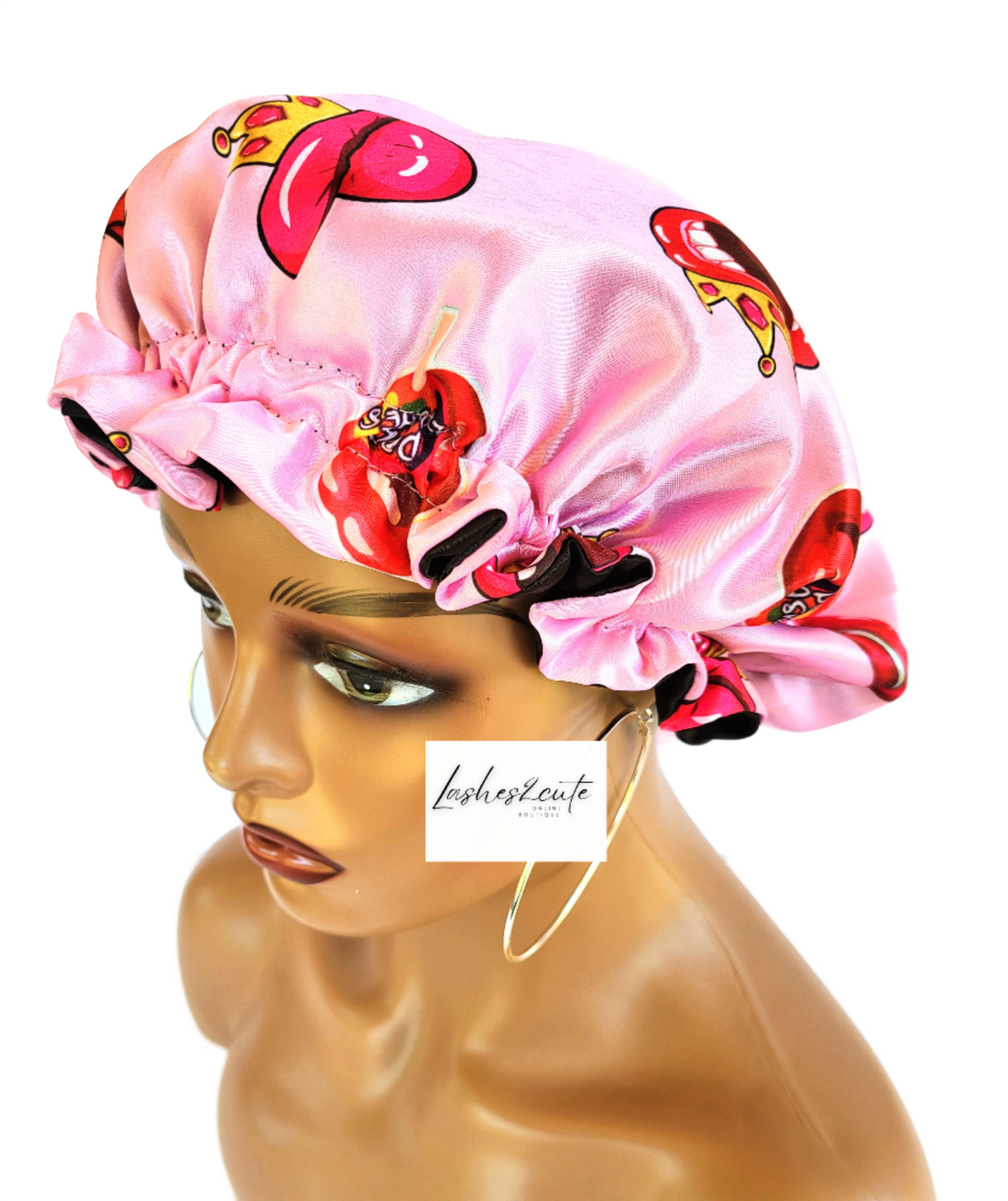 Reversible Sleeping Satin Wavy Bonnet Pink with Red Lips