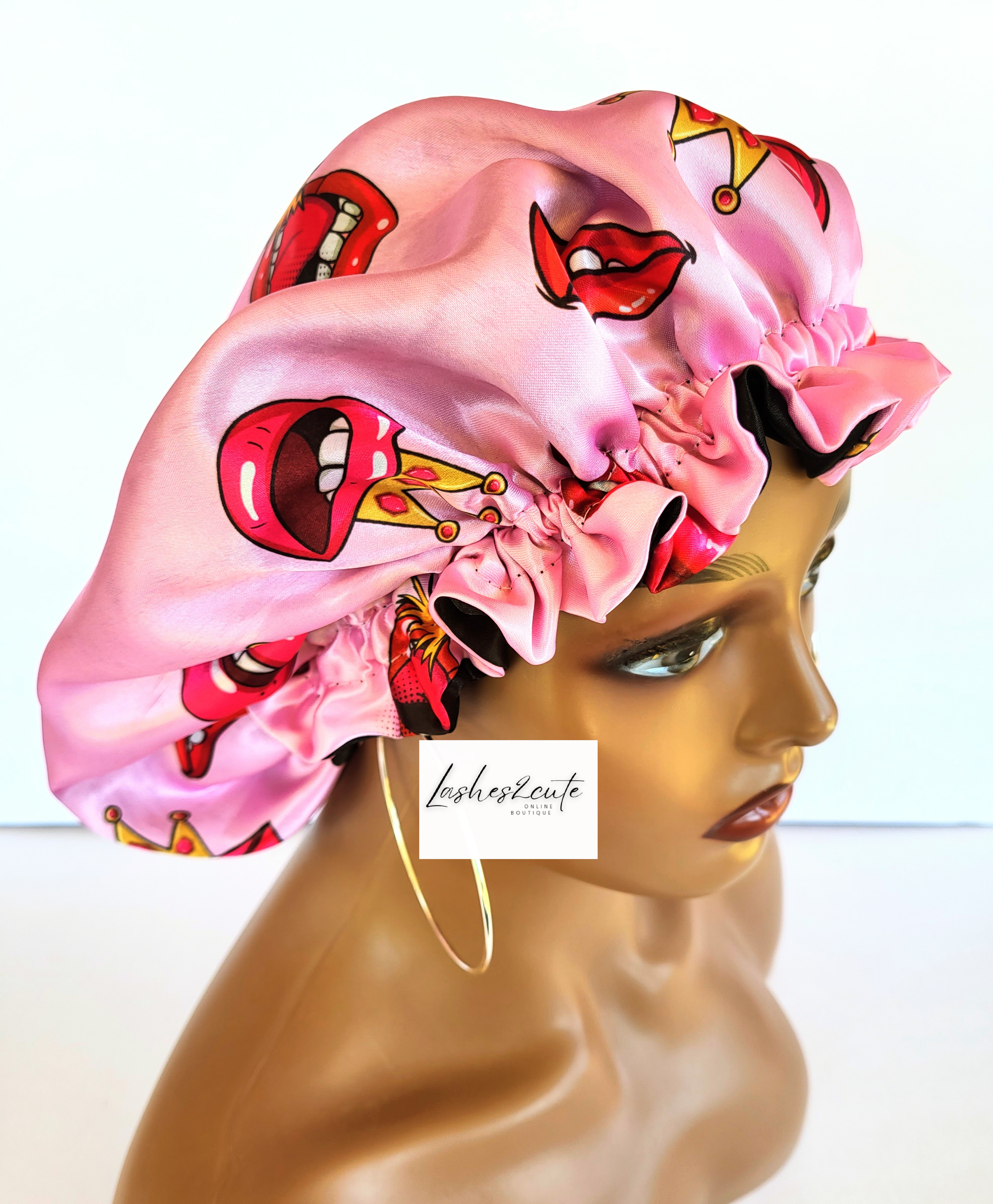 &quot;Pink &amp; Red Lips&quot; Reversible Sleeping Satin Wavy Bonnet