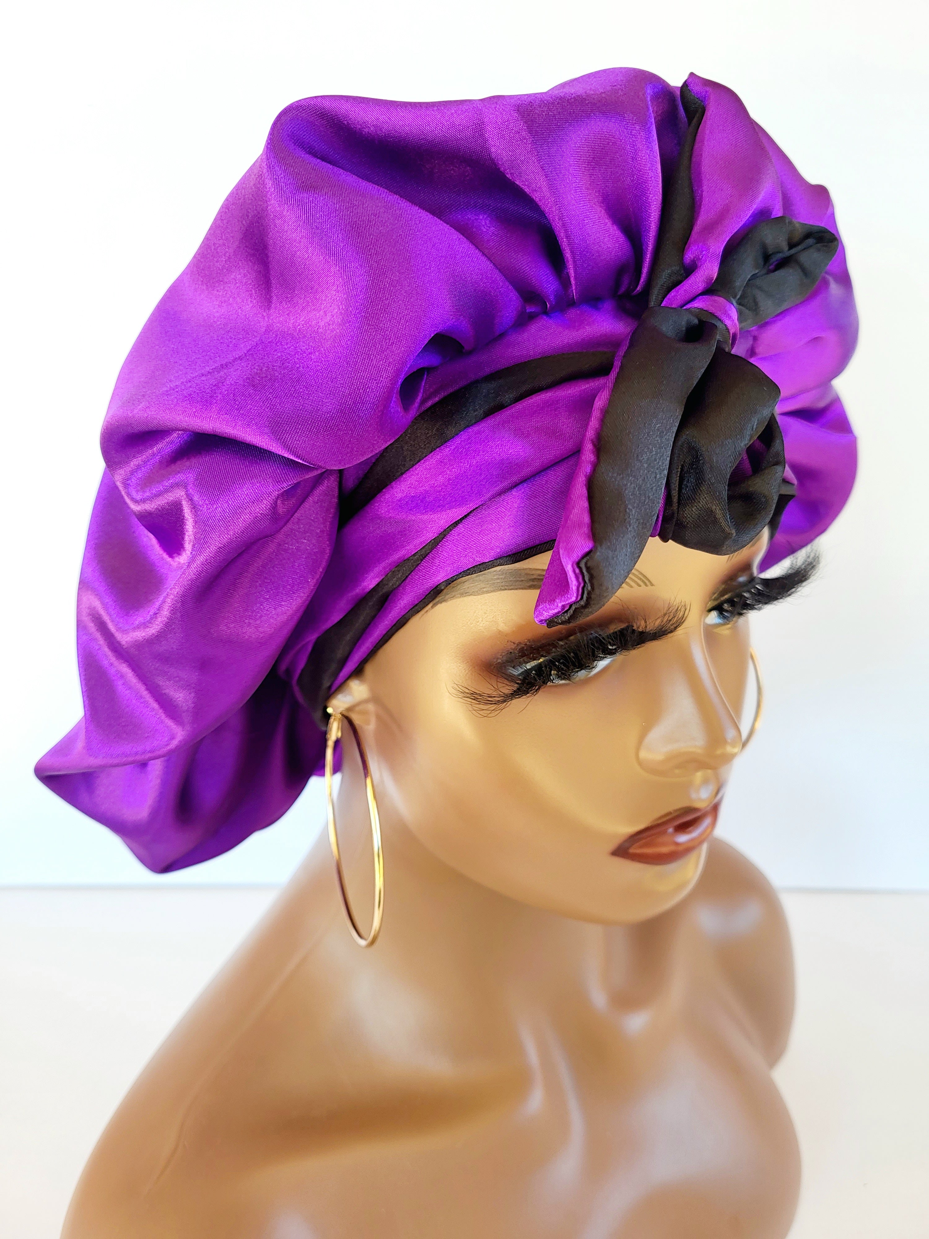 女式双面睡眠缎面帽子紫色和黑色
