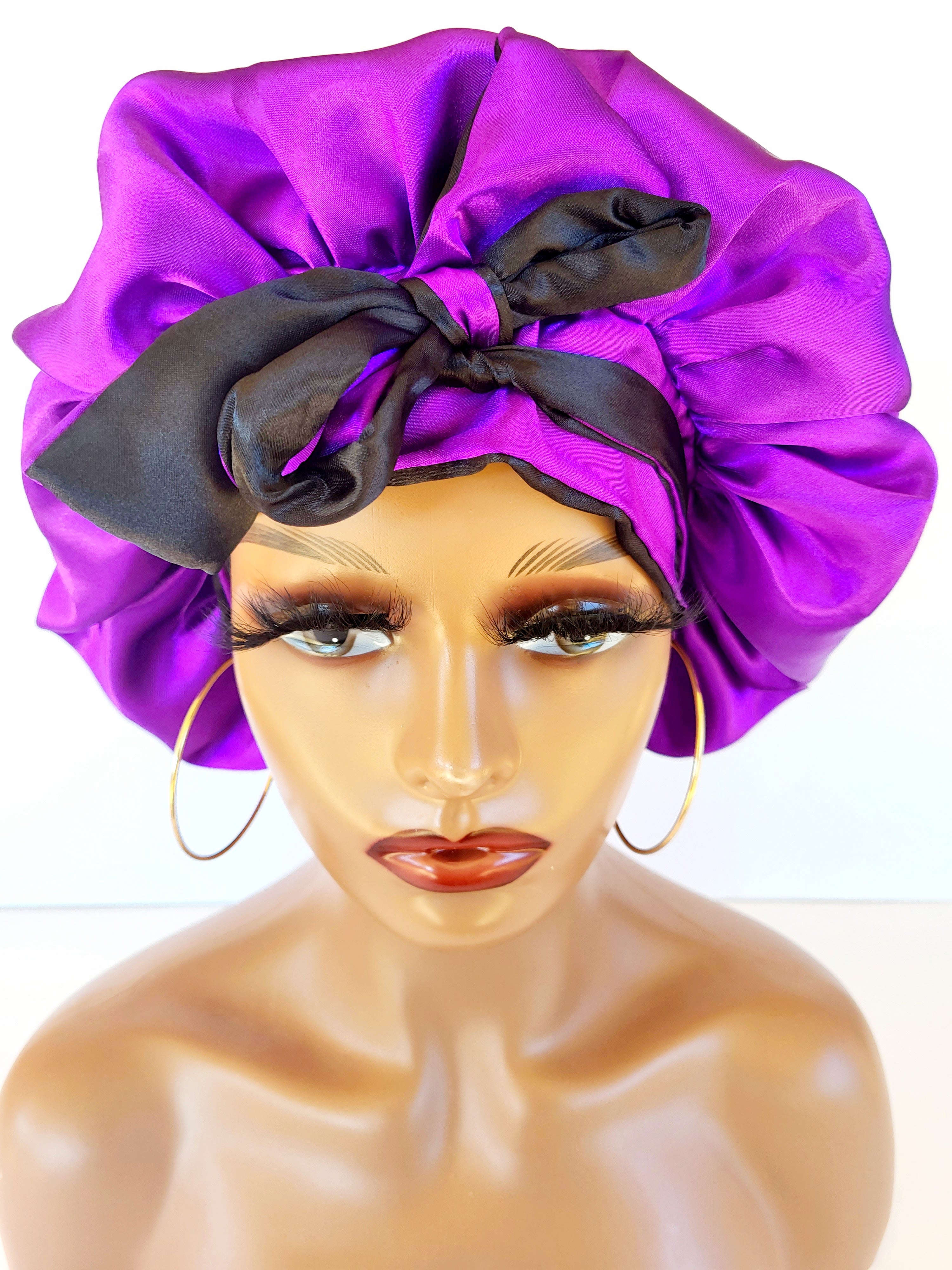 &quot;Purple &amp; Black&quot; Reversible Womens Sleeping Satin Bonnet