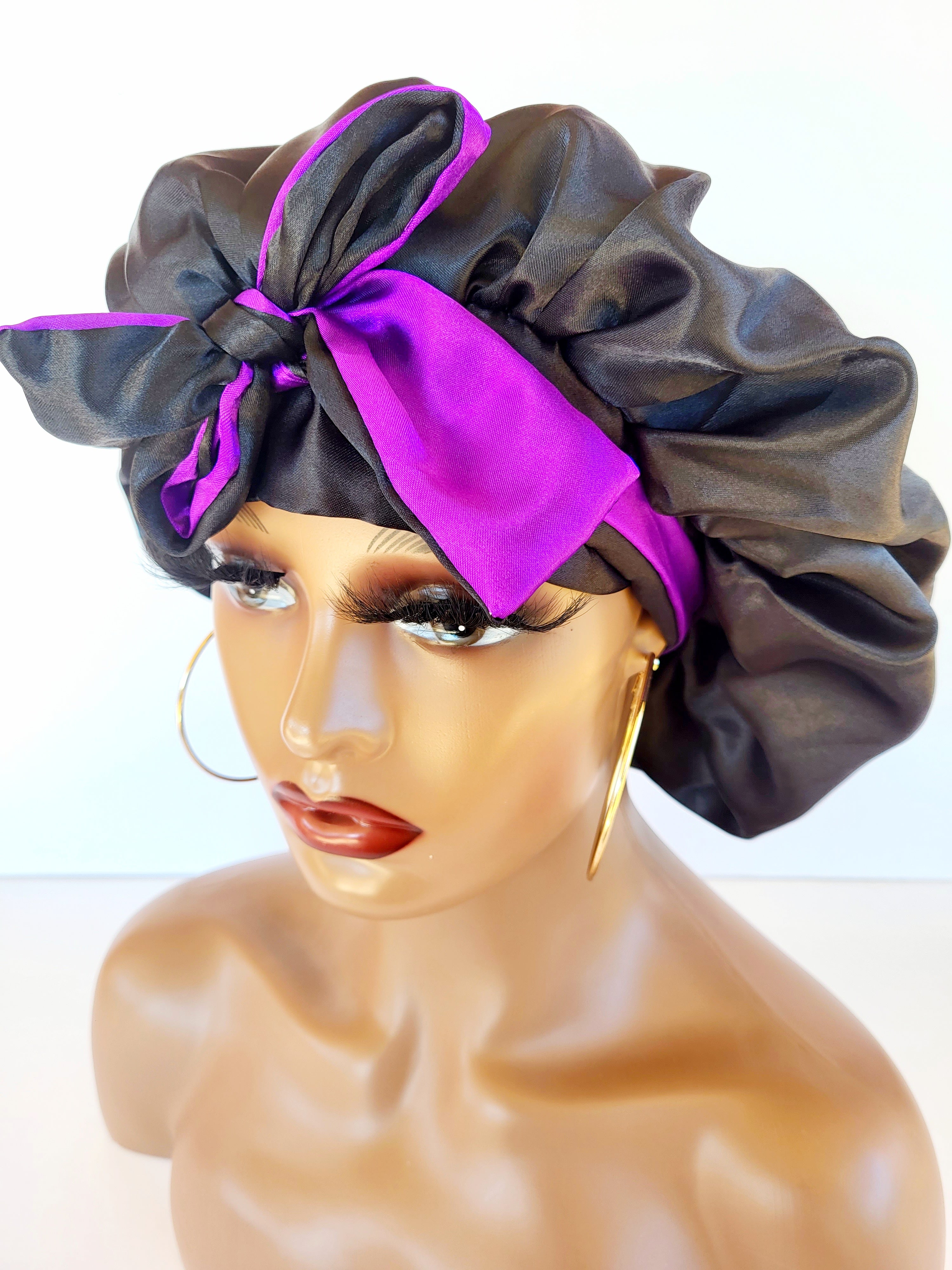 &quot;Purple &amp; Black&quot; Reversible Womens Sleeping Satin Bonnet